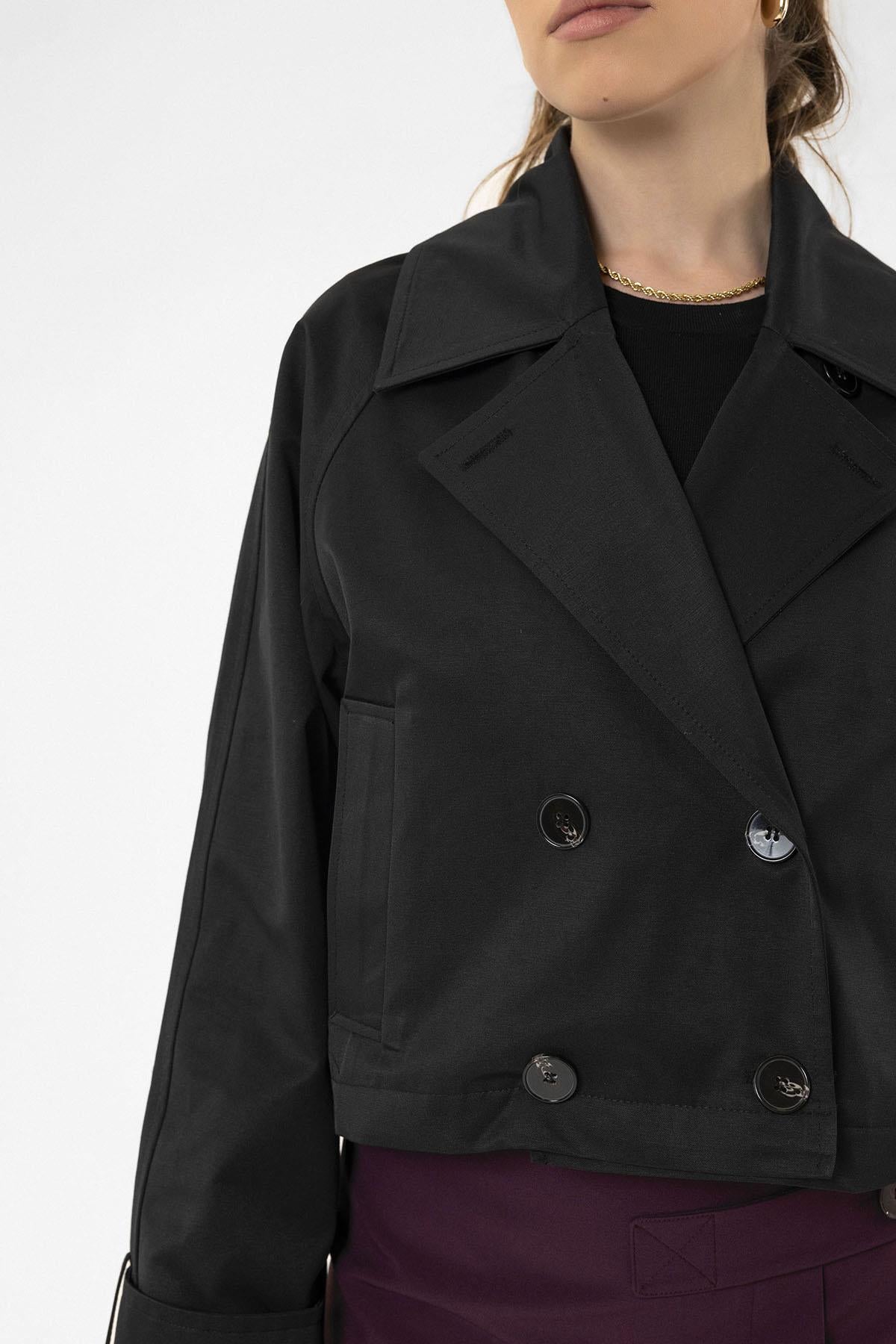 Antioch-Siyah Kadın Kruvaze Kısa Trençkot-Trençkot-6-Milagron.com