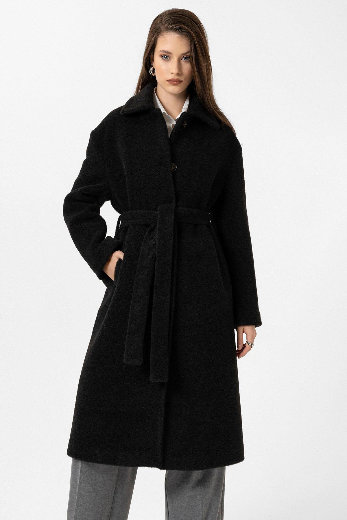 Antioch-Siyah Kadın Kuşaklı Yumuşak Dokulu Kaban-Kaban-1-Milagron.com