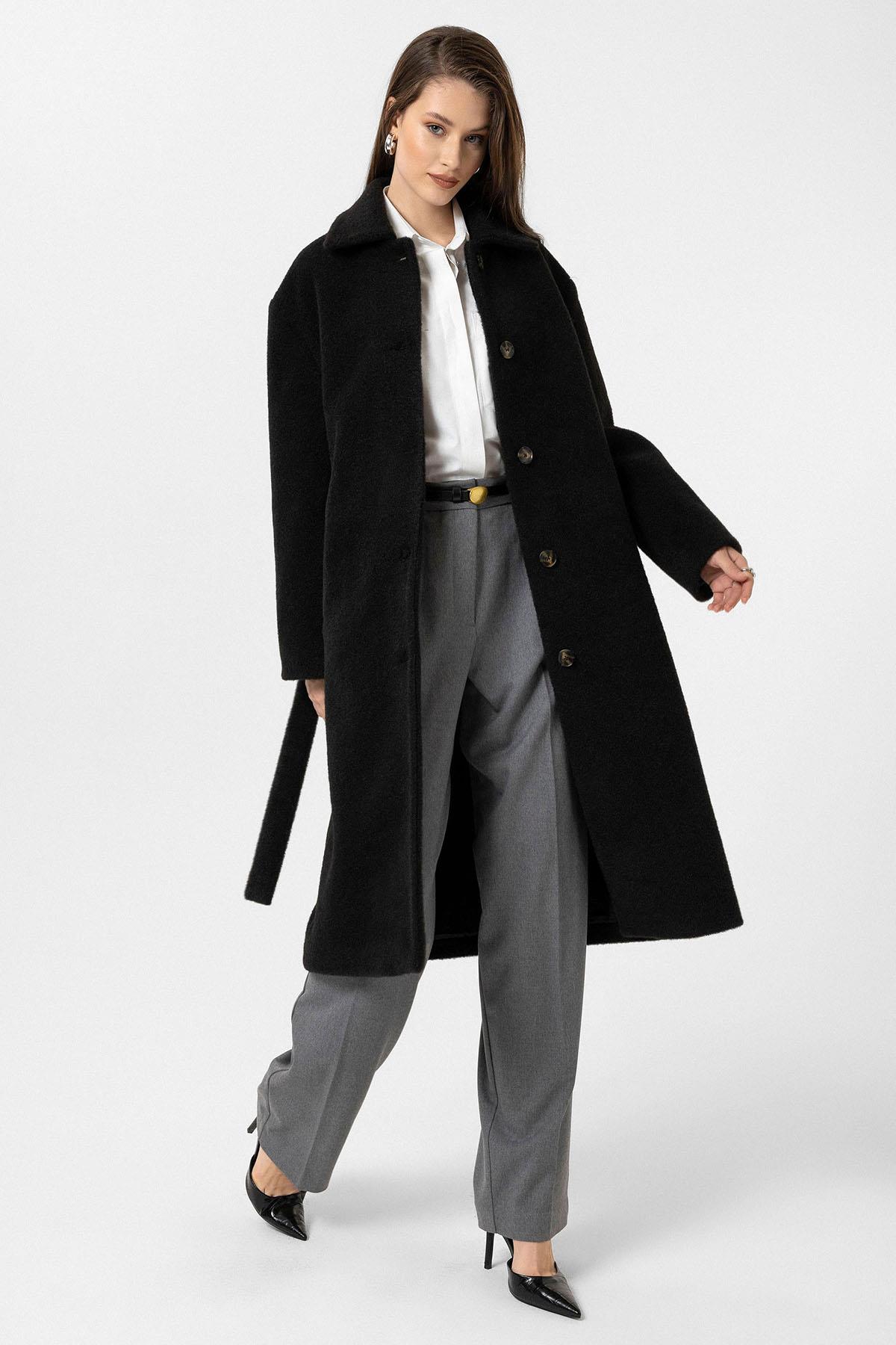 Antioch-Siyah Kadın Kuşaklı Yumuşak Dokulu Kaban-Kaban-2-Milagron.com