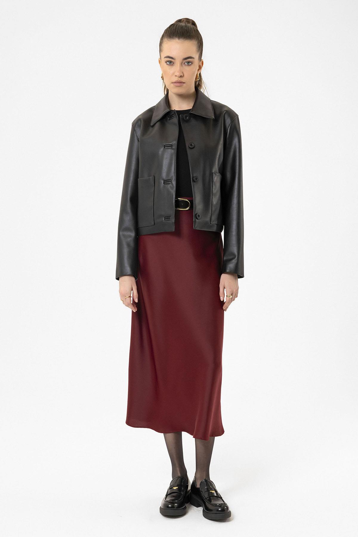 Antioch-Siyah Kadın Polo Yaka Suni Deri Ceket-Deri Mont-1-Milagron.com