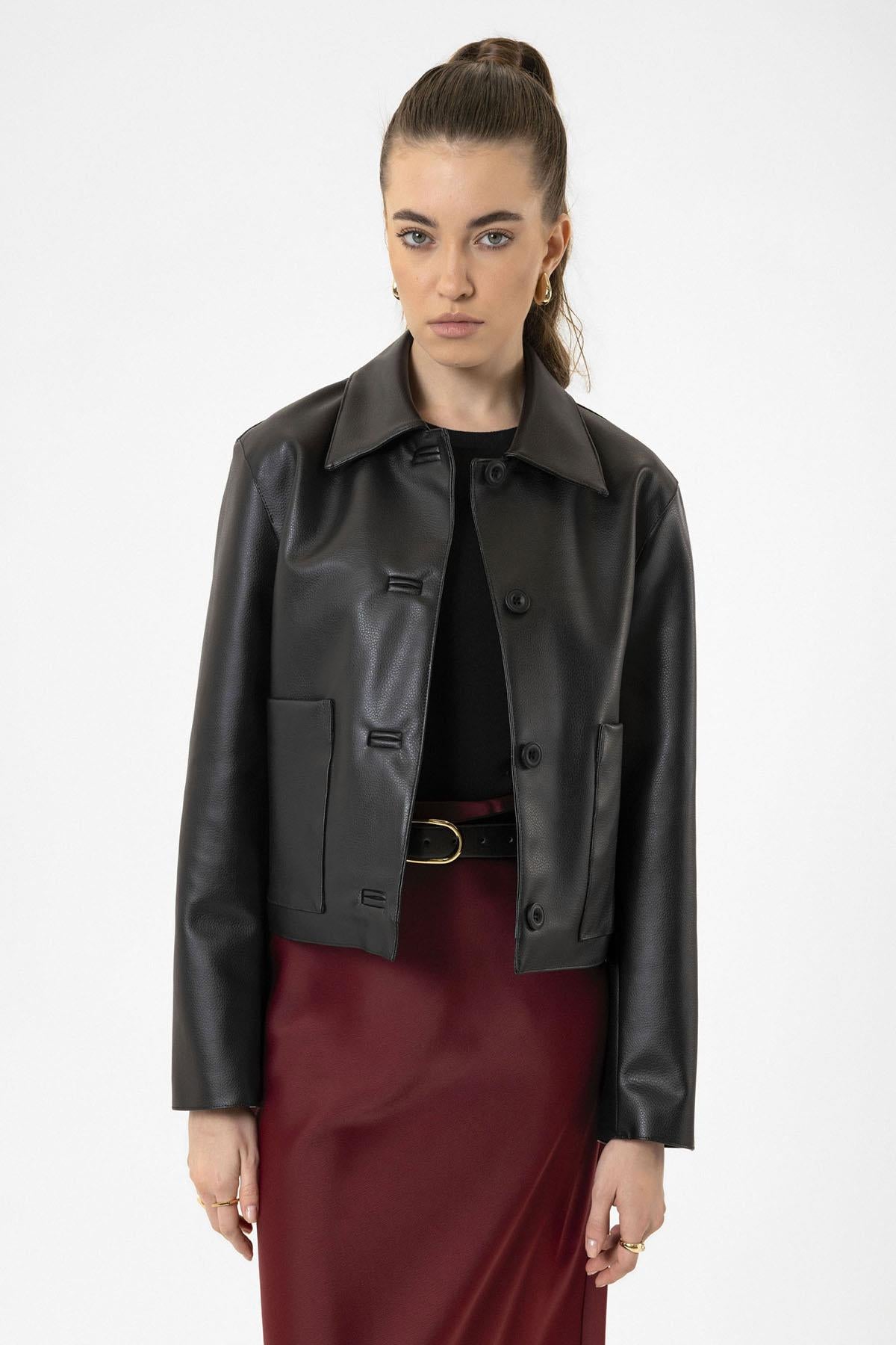 Antioch-Siyah Kadın Polo Yaka Suni Deri Ceket-Deri Mont-2-Milagron.com