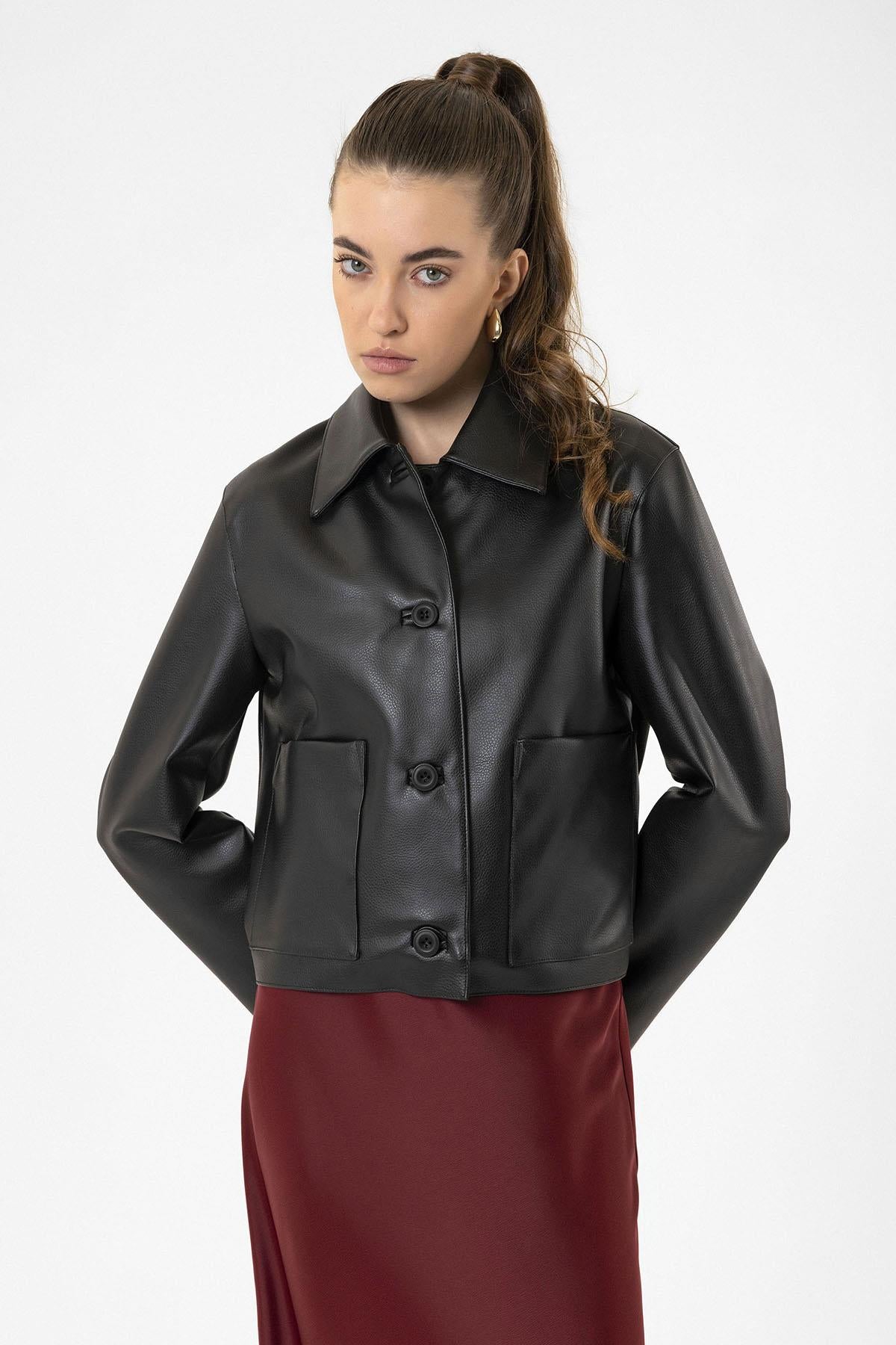 Antioch-Siyah Kadın Polo Yaka Suni Deri Ceket-Deri Mont-3-Milagron.com