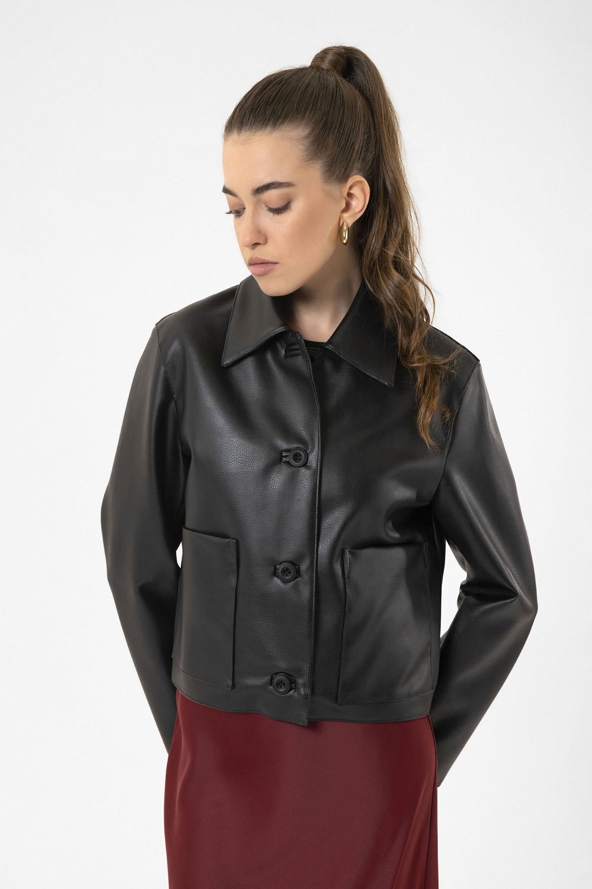 Antioch-Siyah Kadın Polo Yaka Suni Deri Ceket-Deri Mont-4-Milagron.com