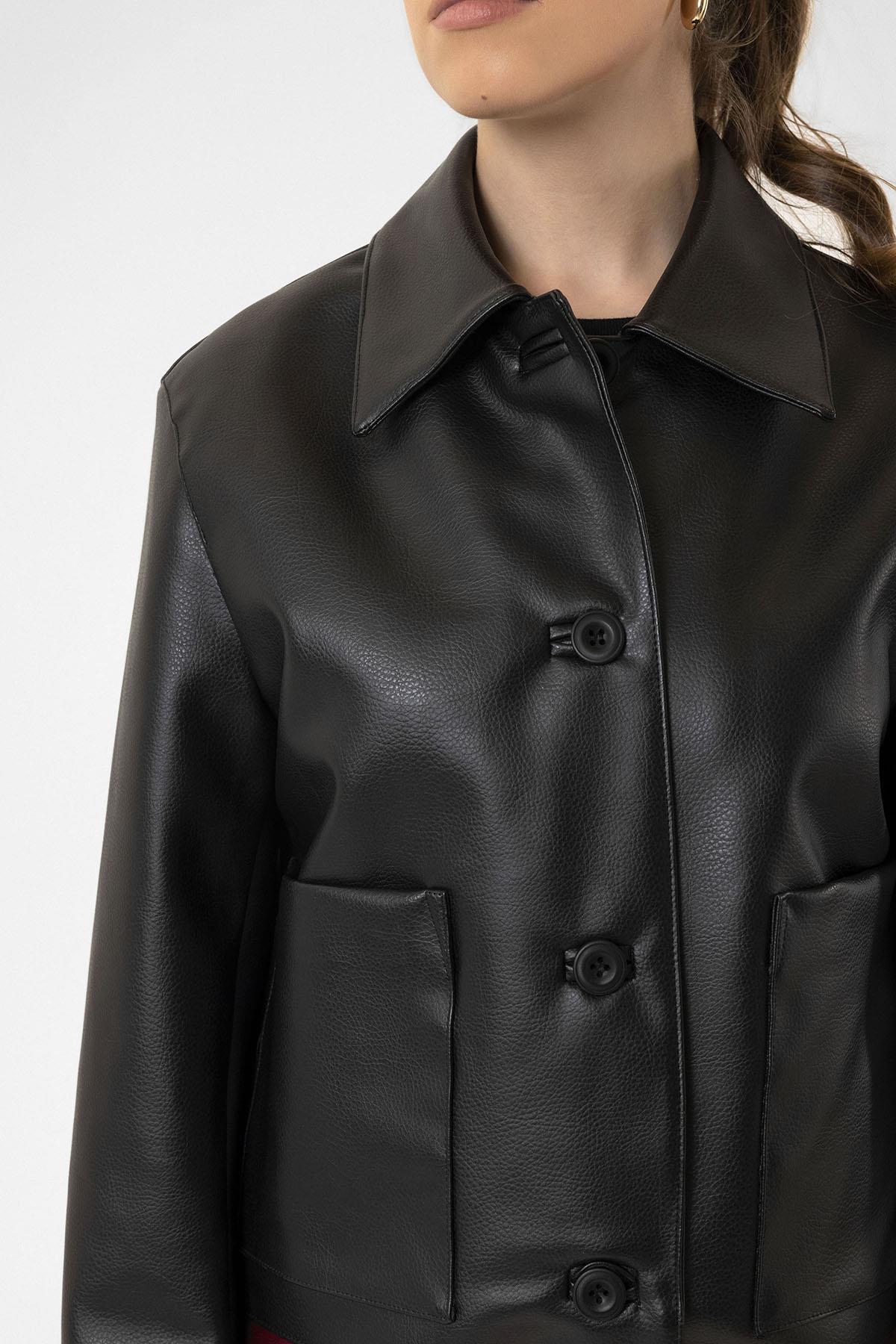 Antioch-Siyah Kadın Polo Yaka Suni Deri Ceket-Deri Mont-5-Milagron.com