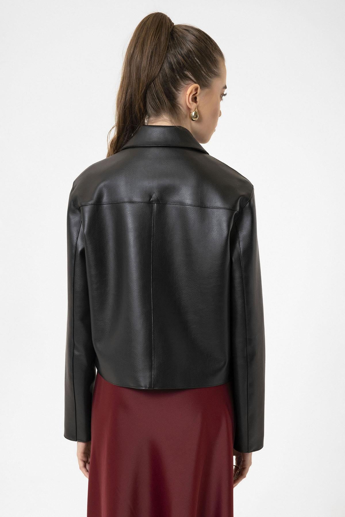 Antioch-Siyah Kadın Polo Yaka Suni Deri Ceket-Deri Mont-6-Milagron.com