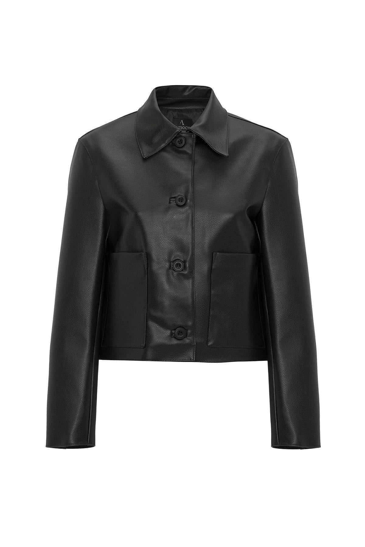 Antioch-Siyah Kadın Polo Yaka Suni Deri Ceket-Deri Mont-7-Milagron.com