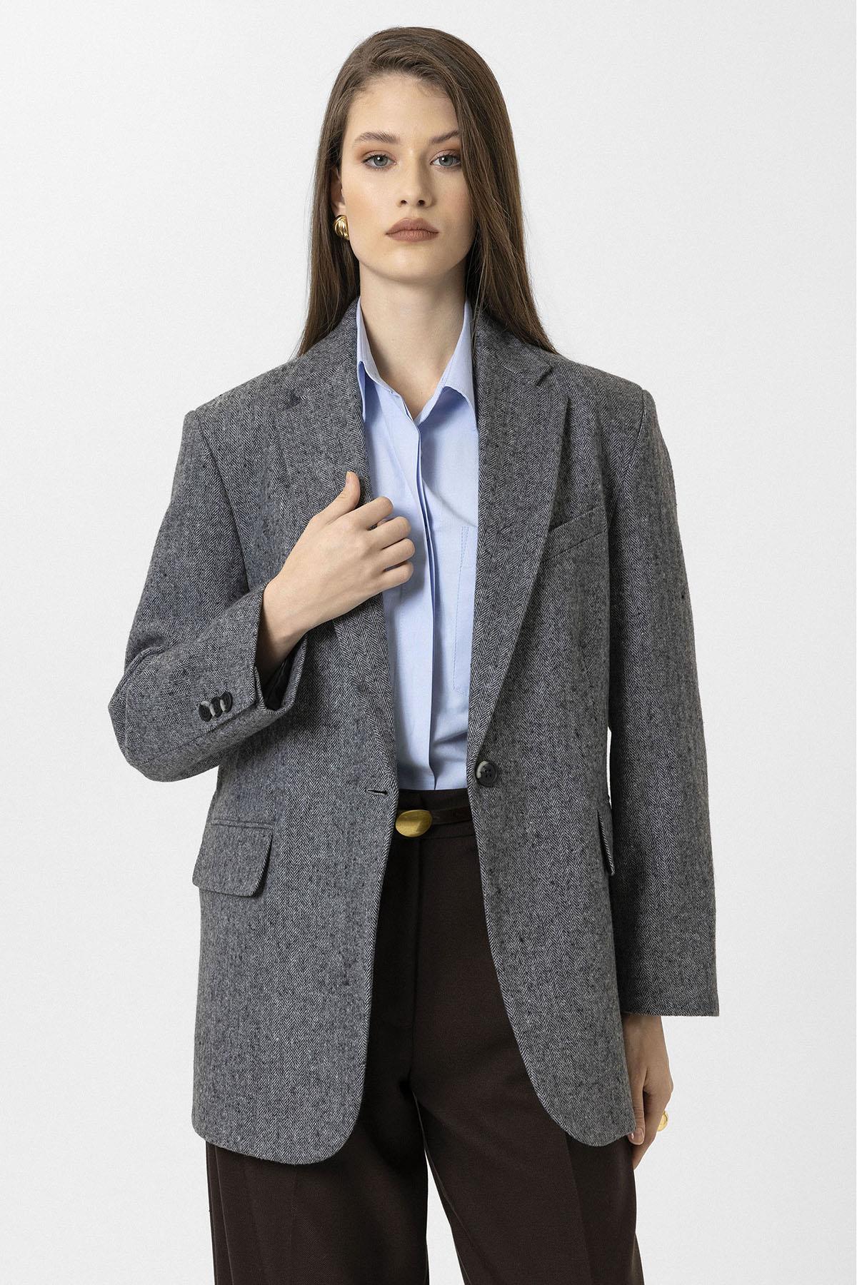 Antioch-Siyah Kadın Relax Fit Balıksırtı Desenli Blazer Ceket-Ceket-3-Milagron.com