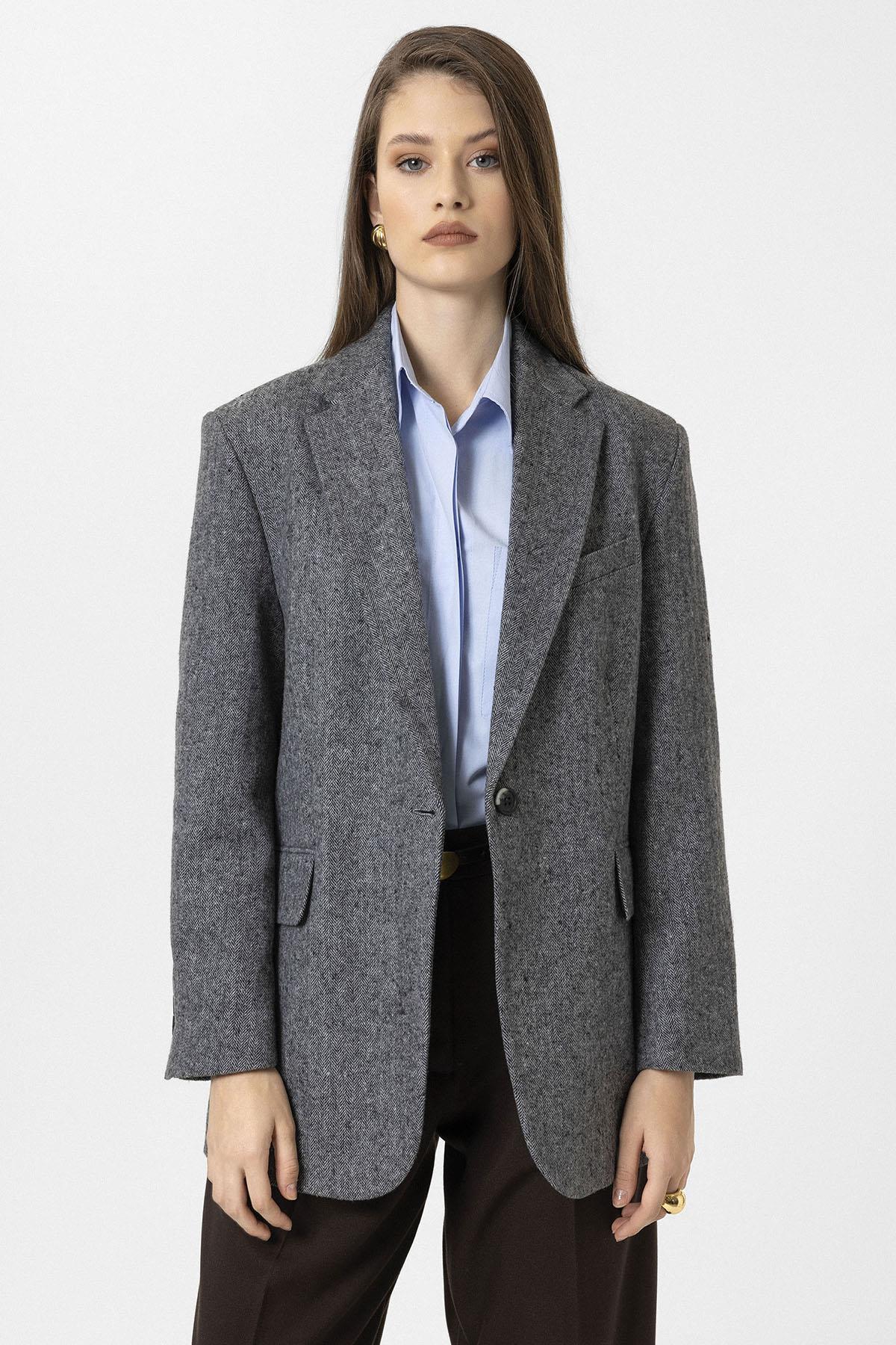 Antioch-Siyah Kadın Relax Fit Balıksırtı Desenli Blazer Ceket-Ceket-4-Milagron.com