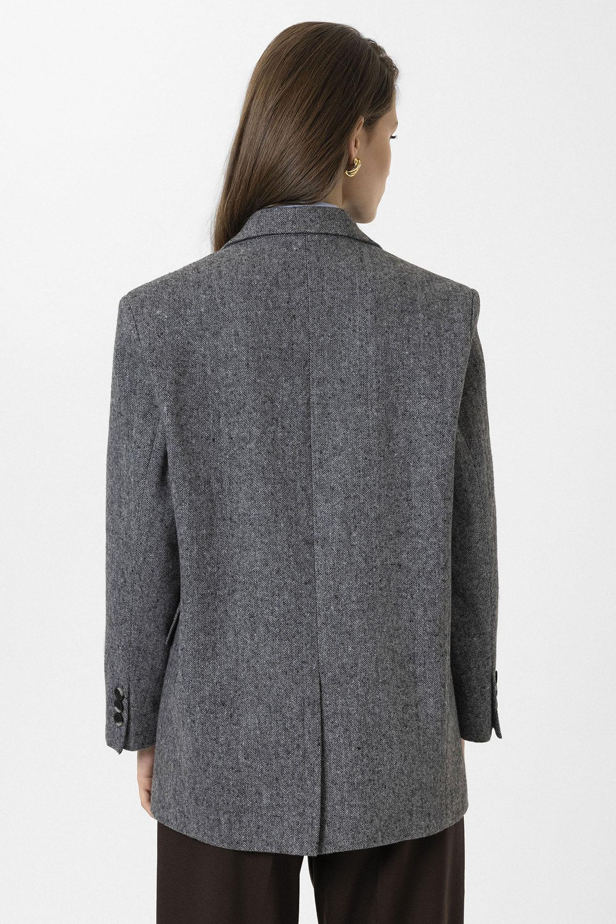 Antioch-Siyah Kadın Relax Fit Balıksırtı Desenli Blazer Ceket-Ceket-5-Milagron.com