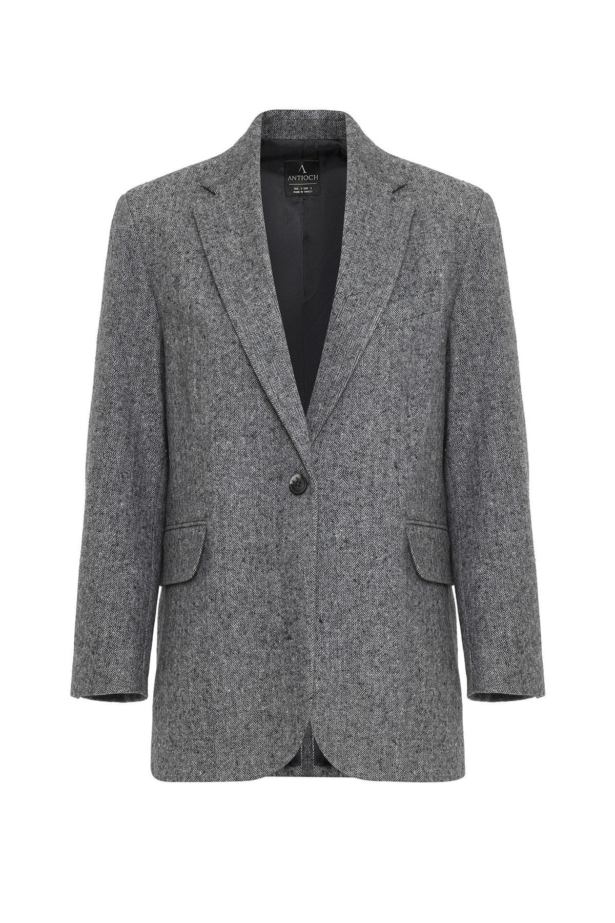 Antioch-Siyah Kadın Relax Fit Balıksırtı Desenli Blazer Ceket-Ceket-6-Milagron.com