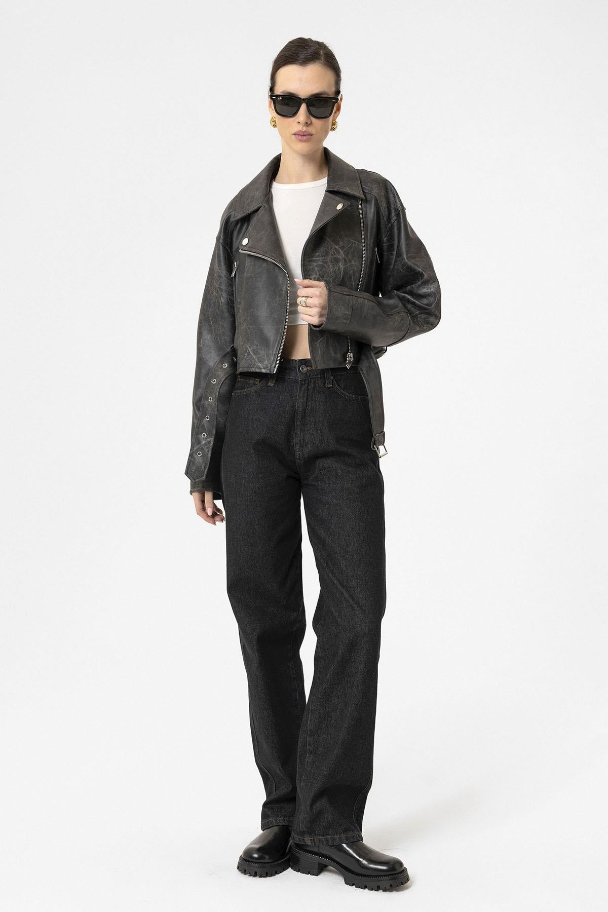 Antioch-Siyah Kadın Suni Deri Crop Biker Ceket-Deri Mont-4-Milagron.com