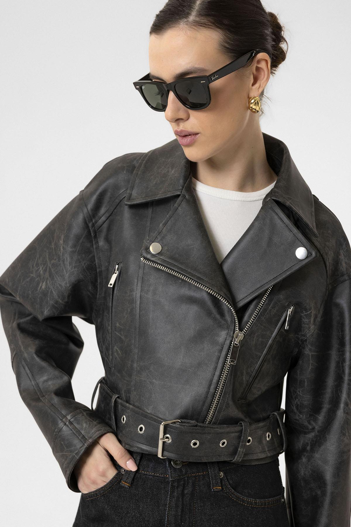 Antioch-Siyah Kadın Suni Deri Crop Biker Ceket-Deri Mont-6-Milagron.com