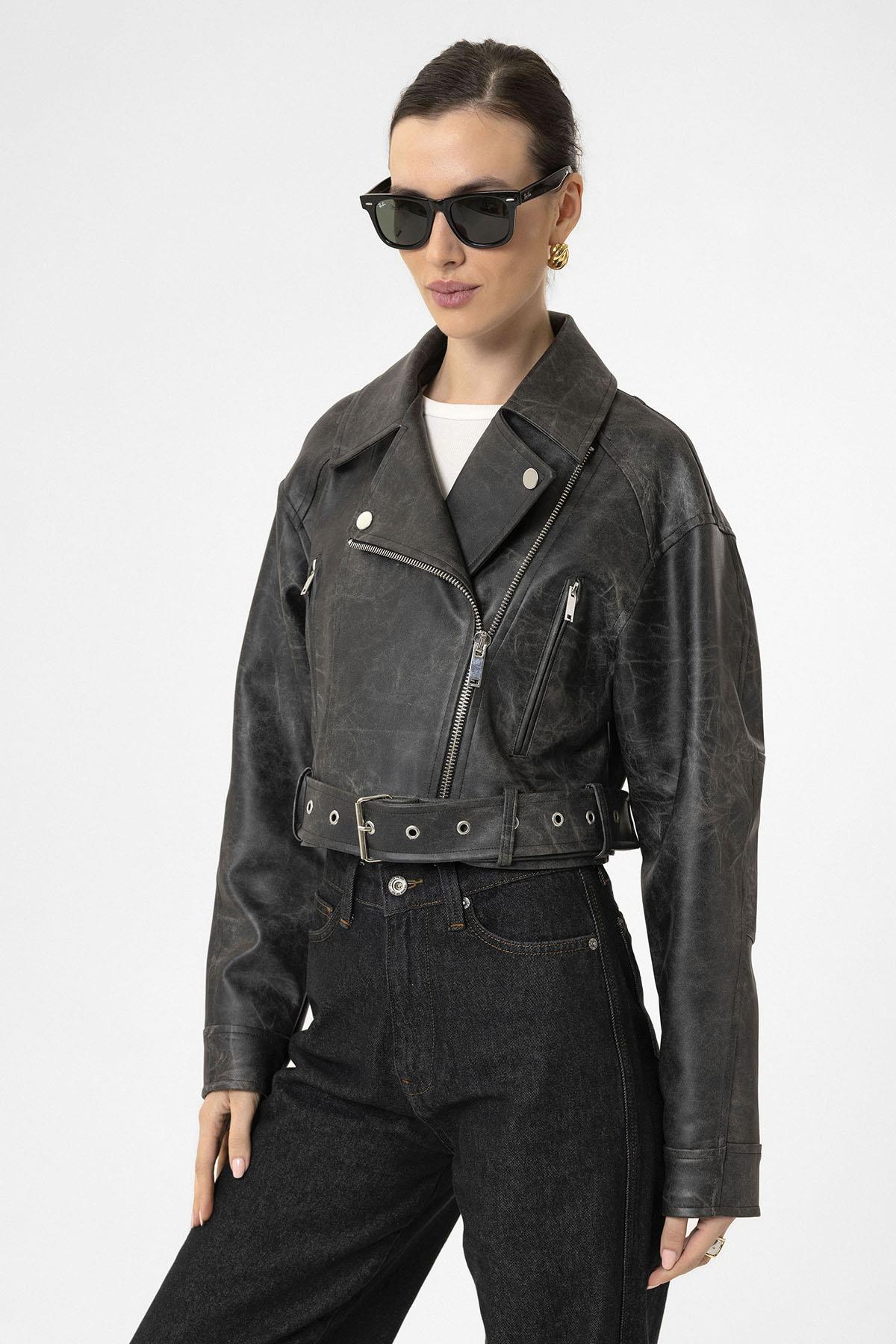 Antioch-Siyah Kadın Suni Deri Crop Biker Ceket-Deri Mont-7-Milagron.com