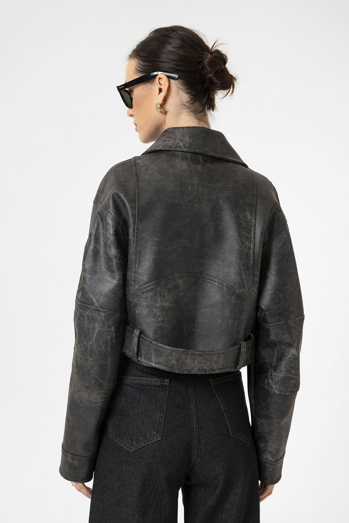 Antioch-Siyah Kadın Suni Deri Crop Biker Ceket-Deri Mont-8-Milagron.com