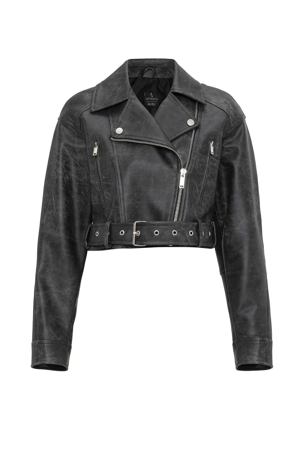 Antioch-Siyah Kadın Suni Deri Crop Biker Ceket-Deri Mont-9-Milagron.com