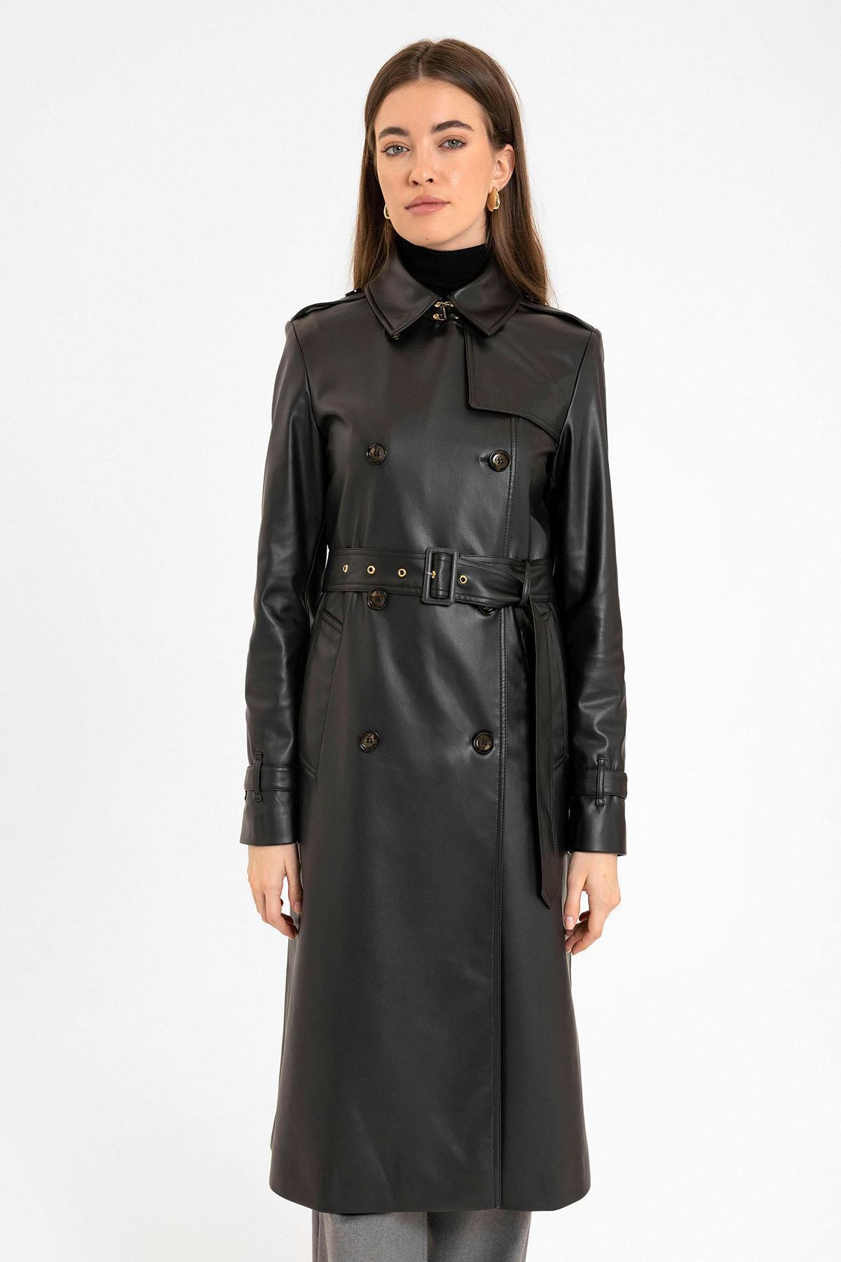 Antioch-Siyah Kadın Suni Deri Kemerli Trençkot-Trençkot-1-Milagron.com