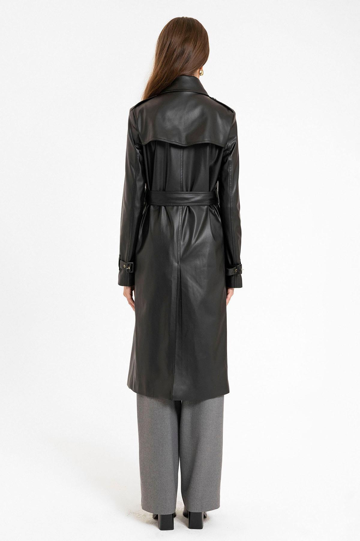 Antioch-Siyah Kadın Suni Deri Kemerli Trençkot-Trençkot-10-Milagron.com