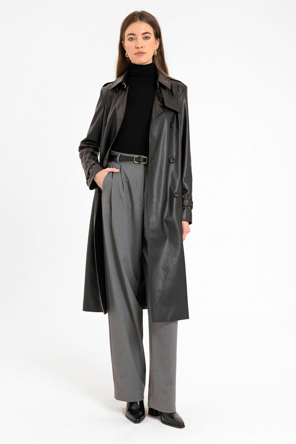 Antioch-Siyah Kadın Suni Deri Kemerli Trençkot-Trençkot-2-Milagron.com