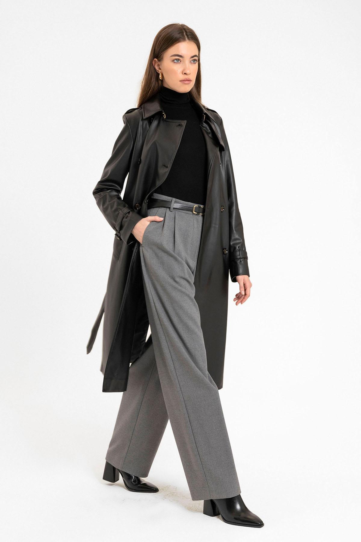 Antioch-Siyah Kadın Suni Deri Kemerli Trençkot-Trençkot-3-Milagron.com