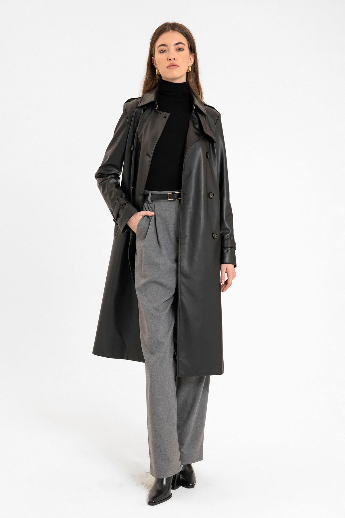 Antioch-Siyah Kadın Suni Deri Kemerli Trençkot-Trençkot-4-Milagron.com