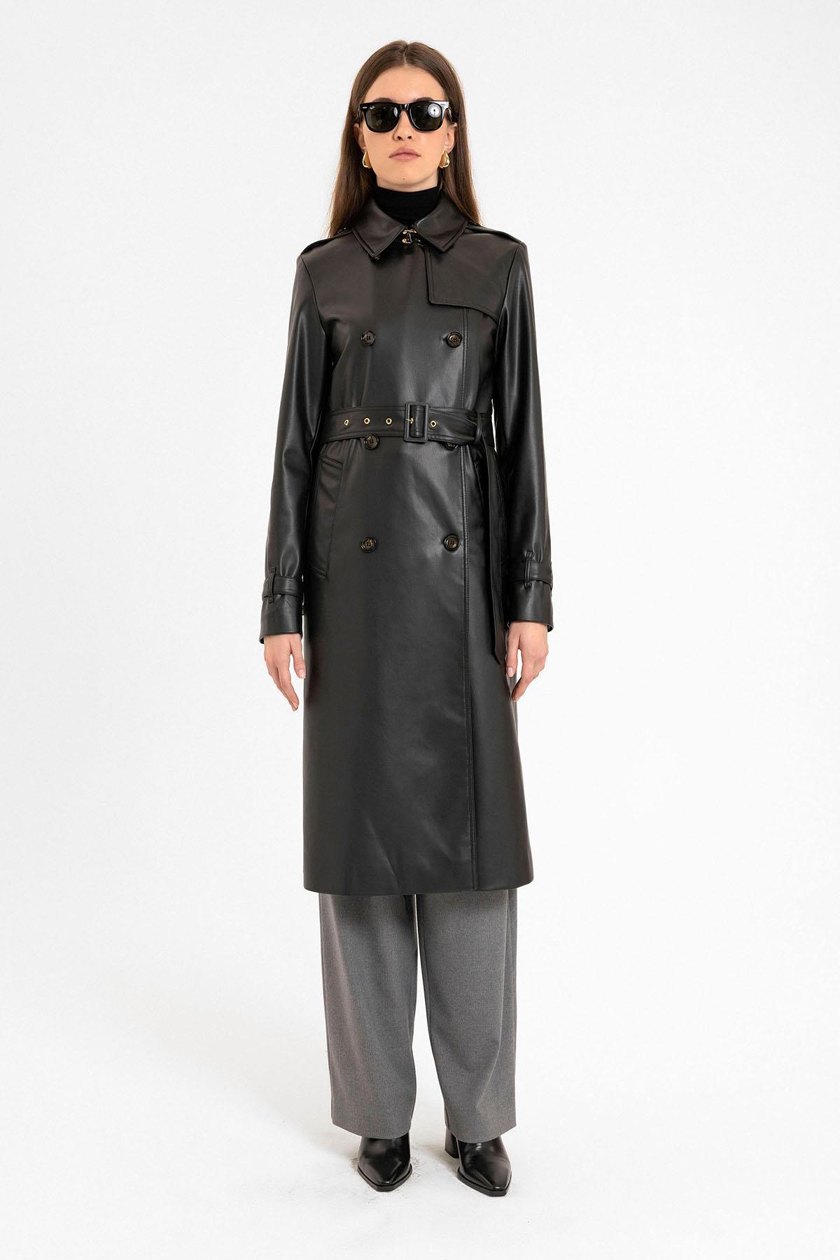 Antioch-Siyah Kadın Suni Deri Kemerli Trençkot-Trençkot-5-Milagron.com