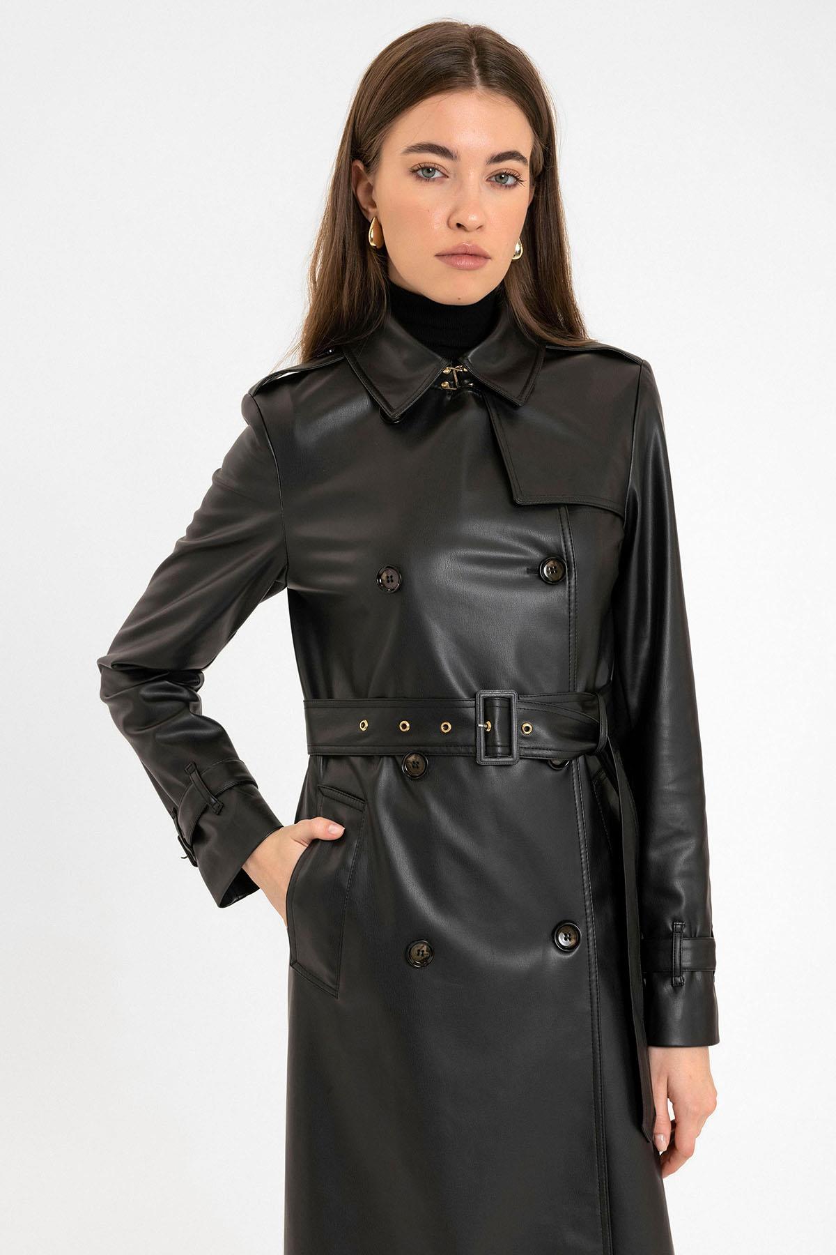 Antioch-Siyah Kadın Suni Deri Kemerli Trençkot-Trençkot-6-Milagron.com