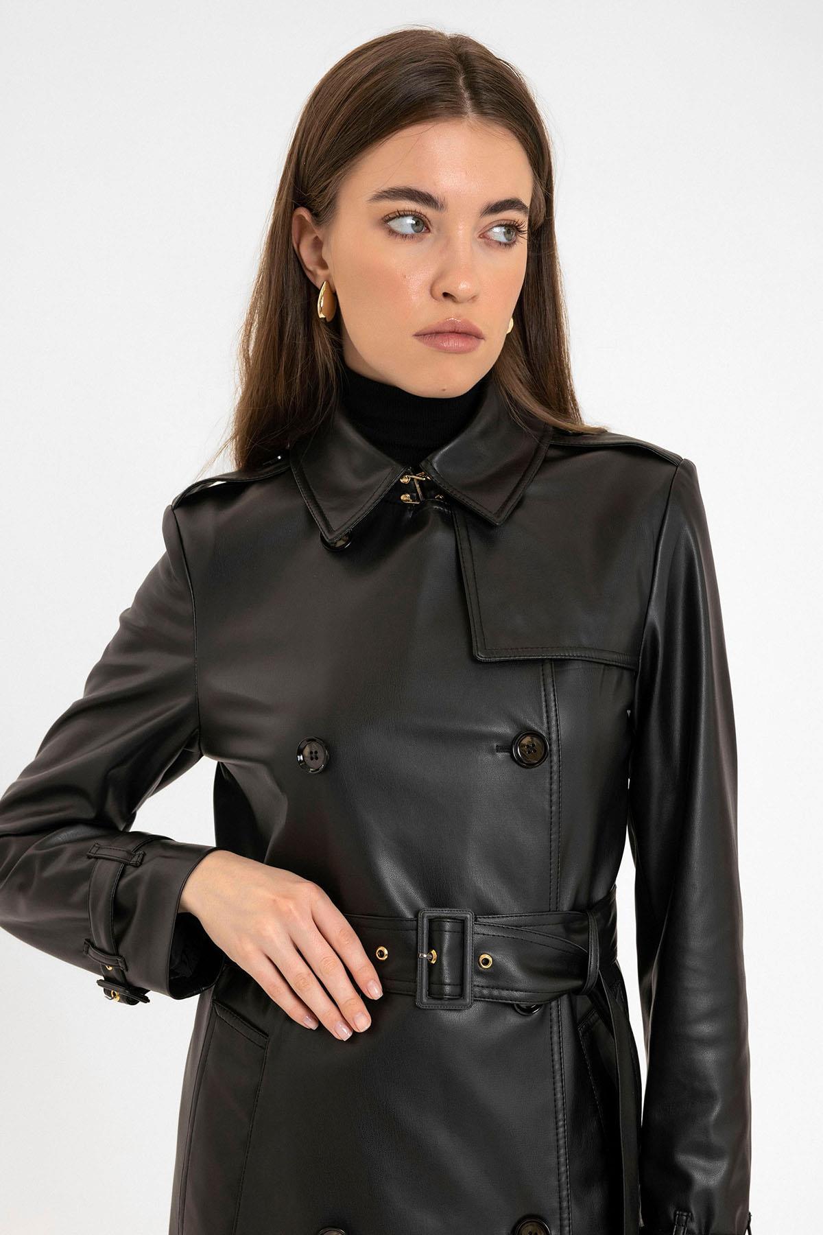 Antioch-Siyah Kadın Suni Deri Kemerli Trençkot-Trençkot-7-Milagron.com
