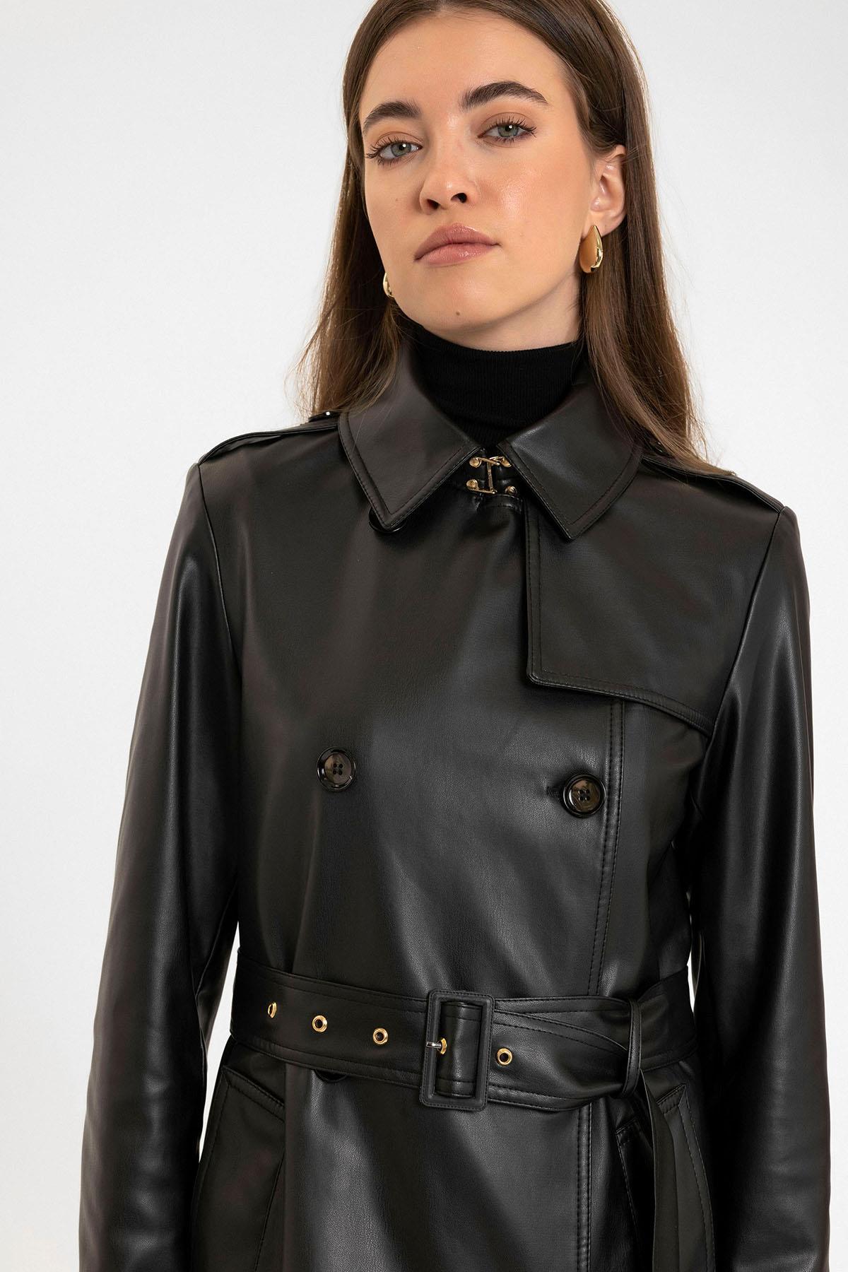 Antioch-Siyah Kadın Suni Deri Kemerli Trençkot-Trençkot-8-Milagron.com