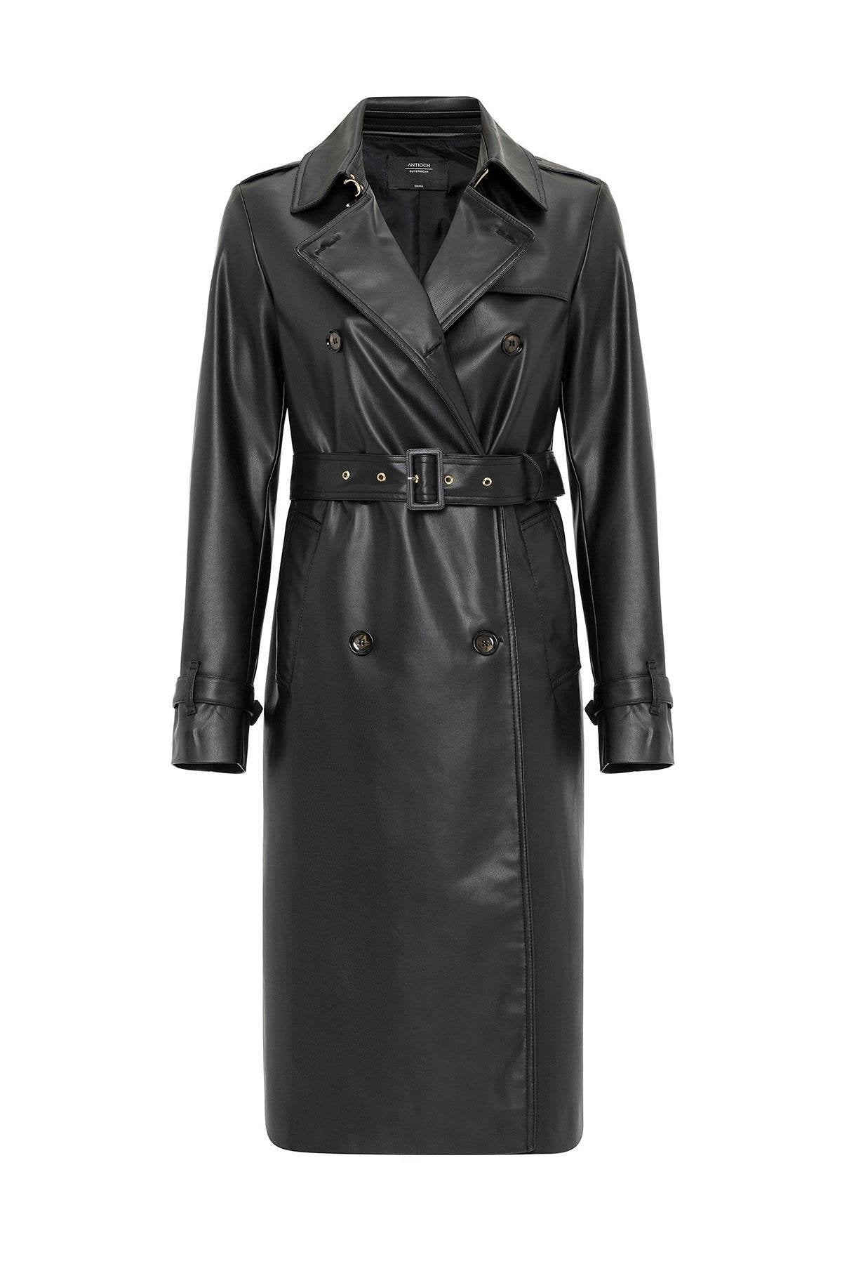 Antioch-Siyah Kadın Suni Deri Kemerli Trençkot-Trençkot-9-Milagron.com