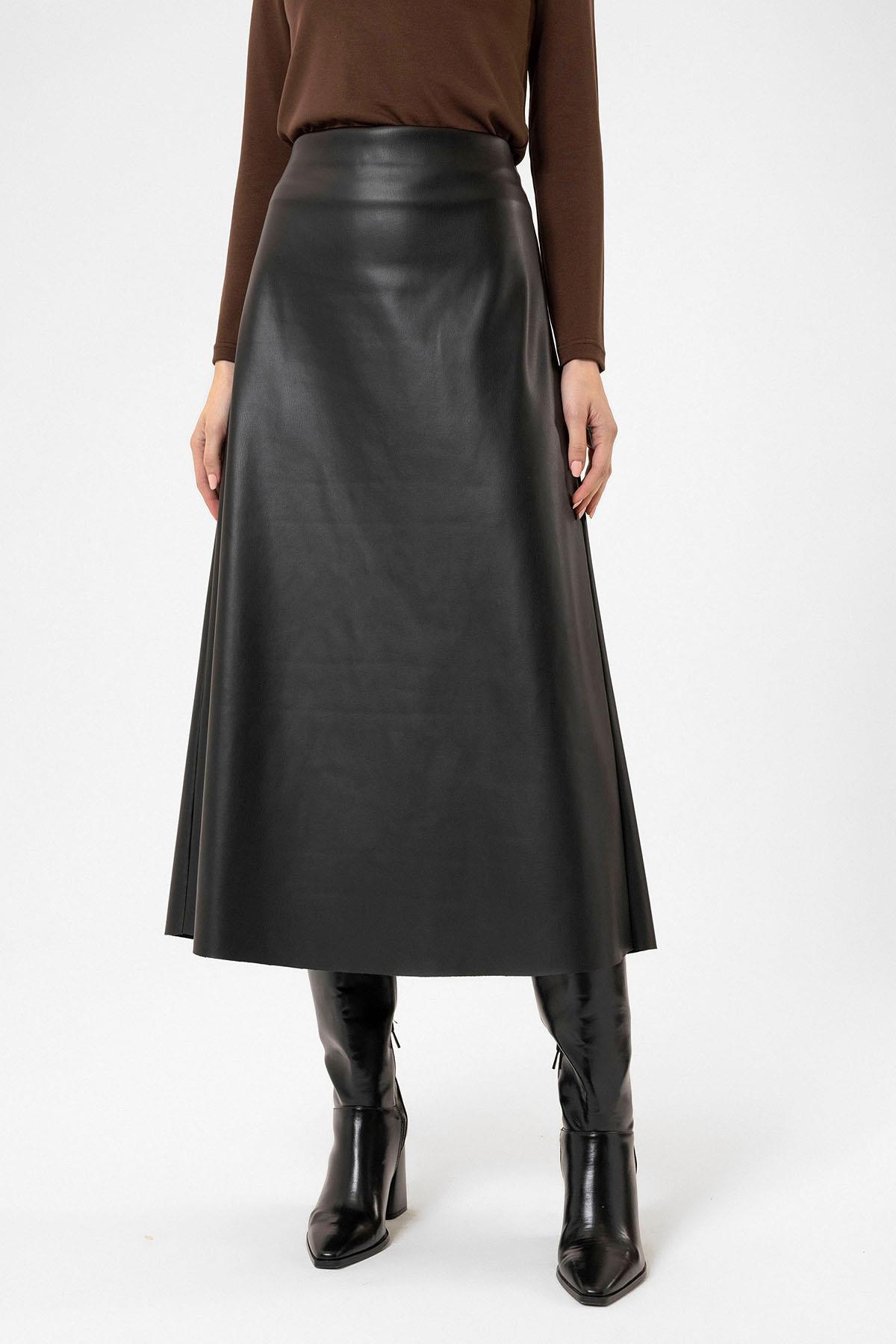 Antioch-Siyah Kadın Suni Deri Midi Etek-Etek-1-Milagron.com