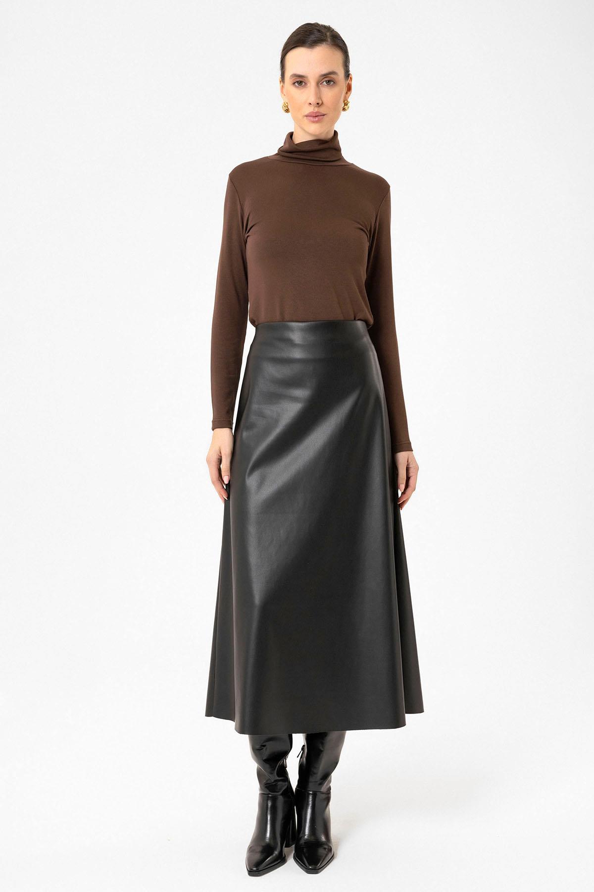 Antioch-Siyah Kadın Suni Deri Midi Etek-Etek-2-Milagron.com