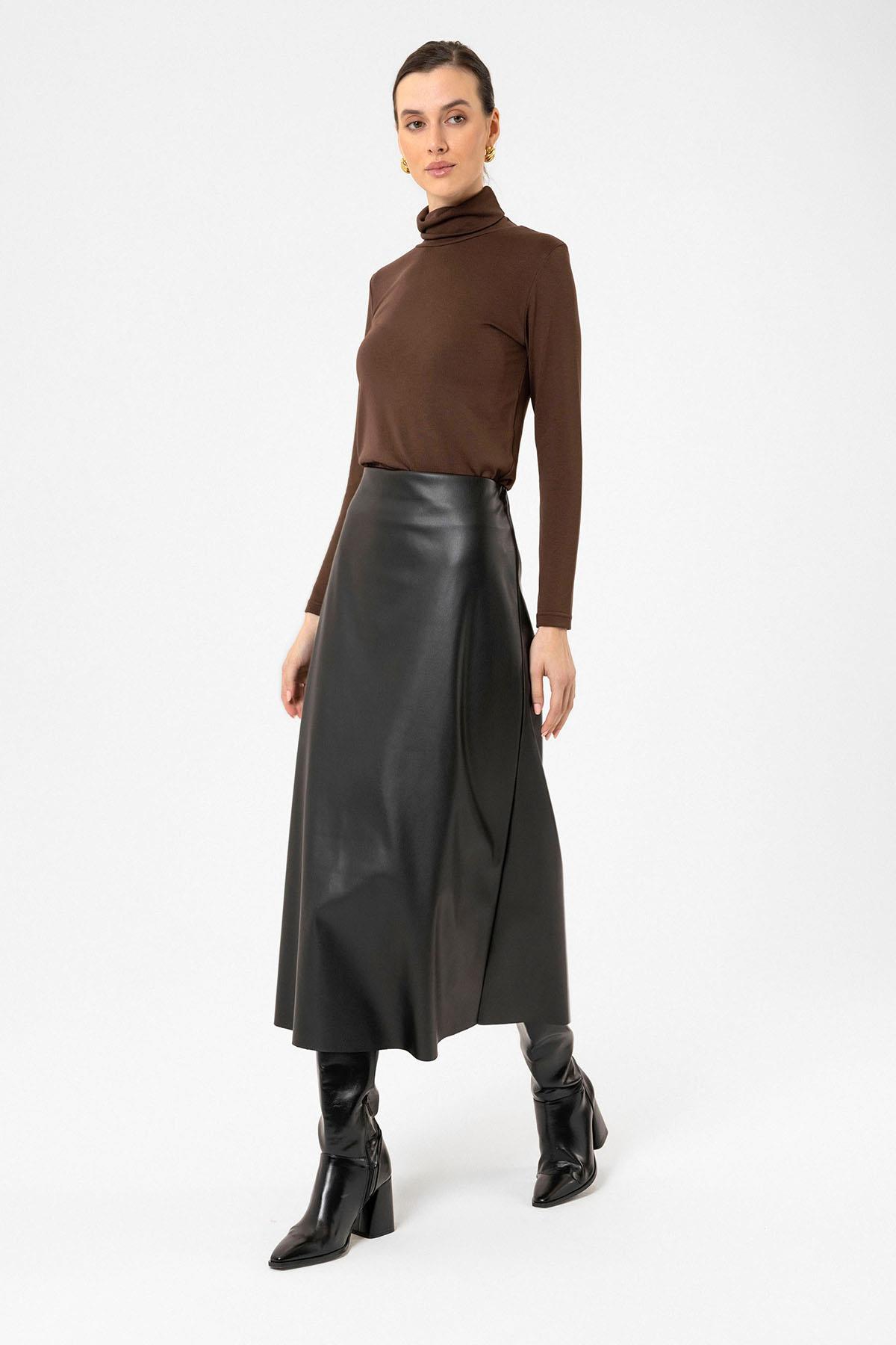 Antioch-Siyah Kadın Suni Deri Midi Etek-Etek-3-Milagron.com