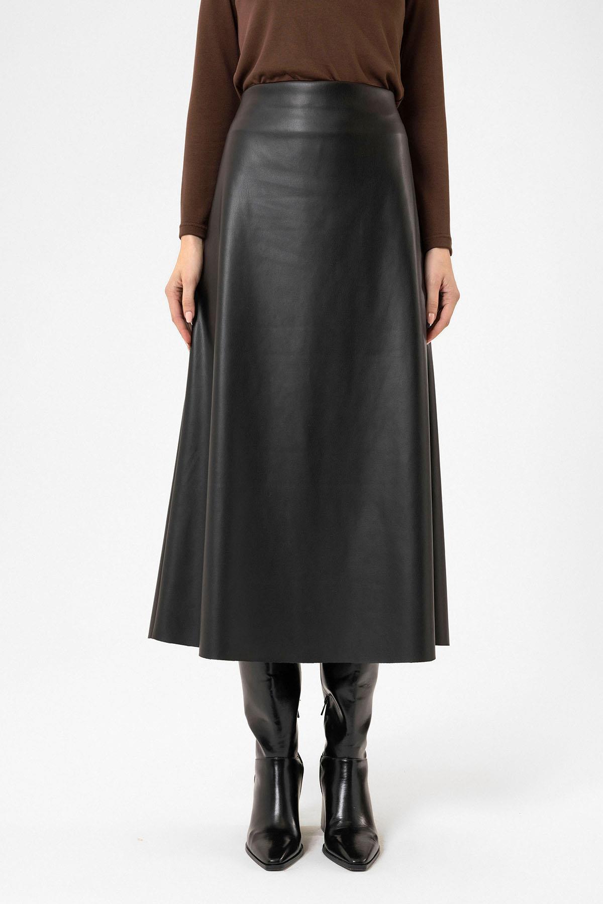 Antioch-Siyah Kadın Suni Deri Midi Etek-Etek-4-Milagron.com
