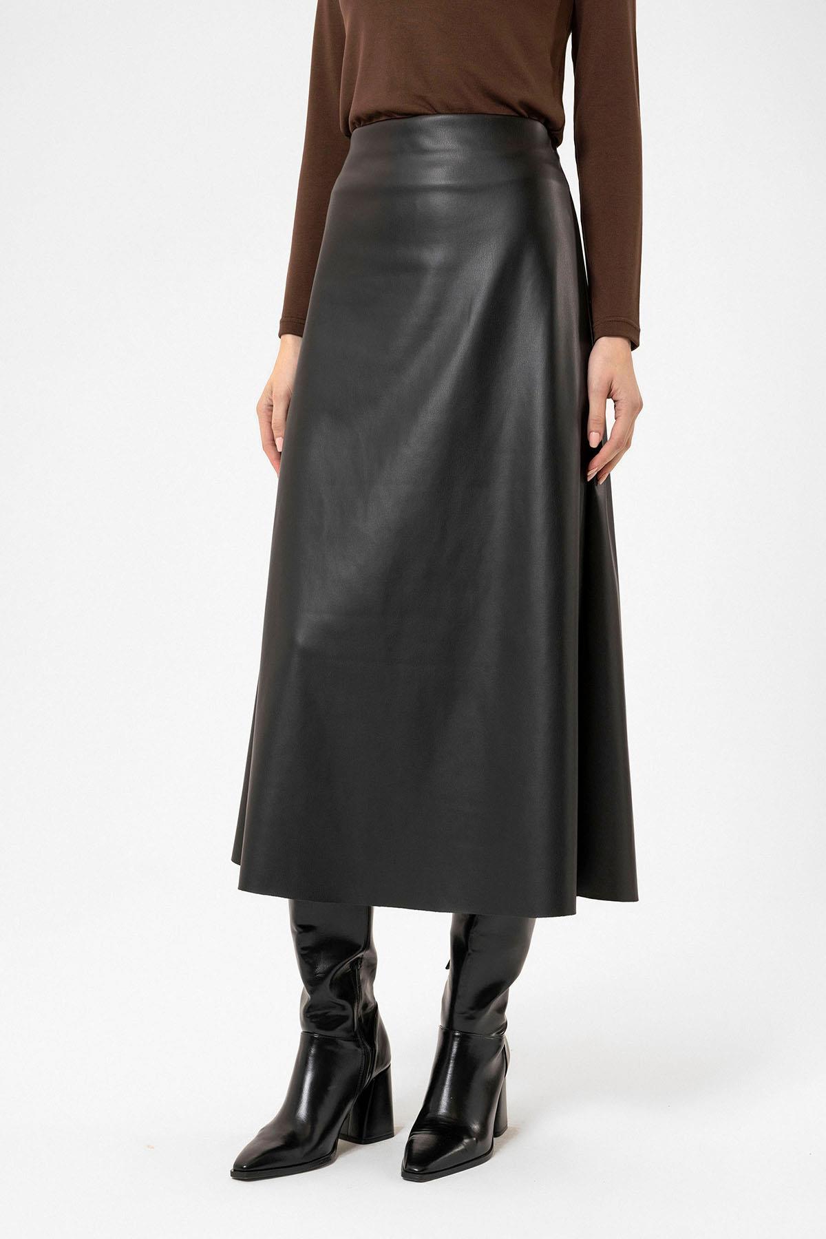 Antioch-Siyah Kadın Suni Deri Midi Etek-Etek-5-Milagron.com