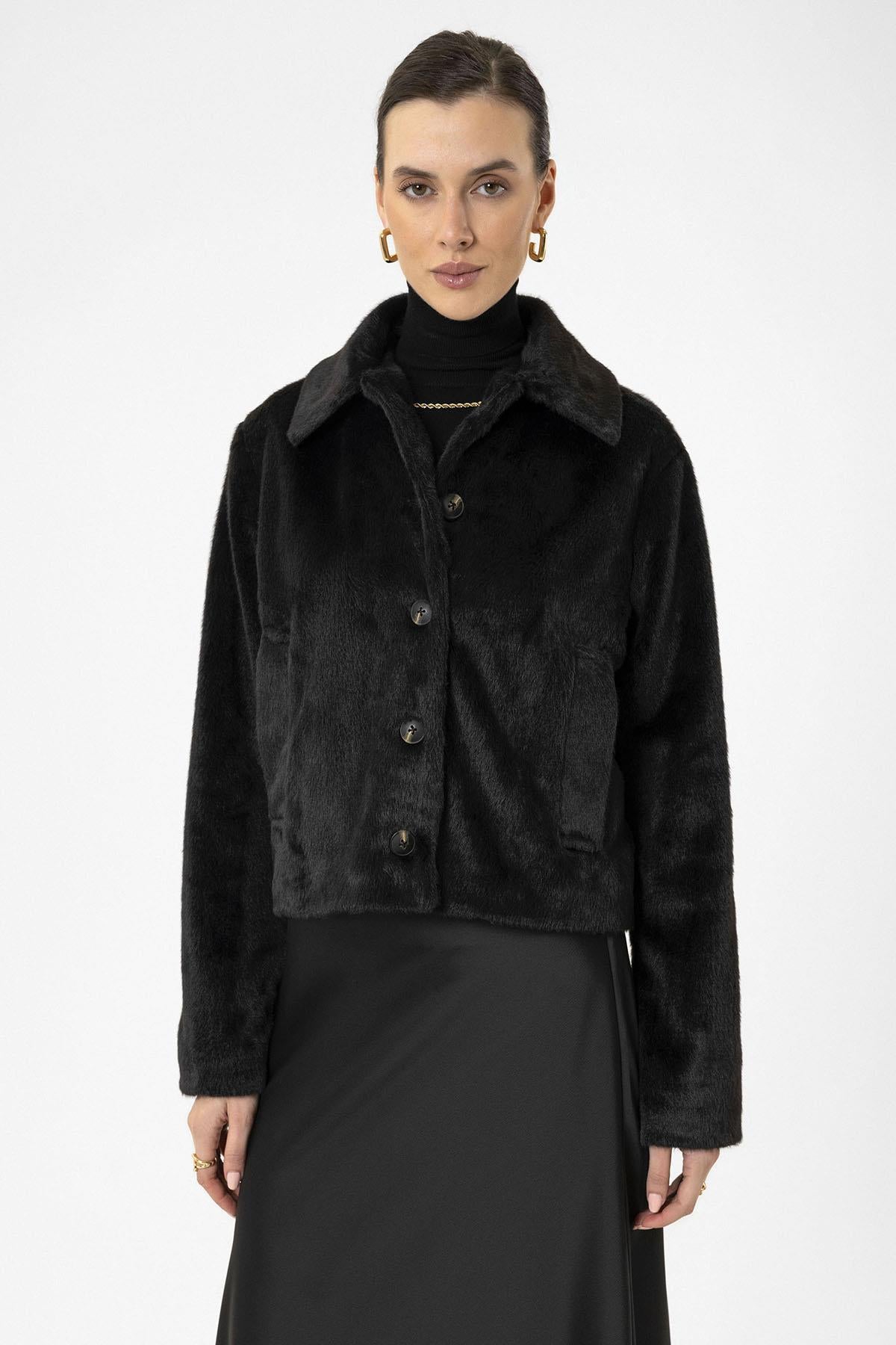 Antioch-Siyah Kadın Suni Kürk Crop Mont-Mont-1-Milagron.com