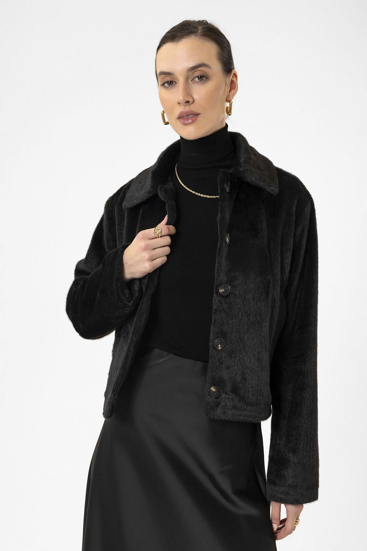 Antioch-Siyah Kadın Suni Kürk Crop Mont-Mont-3-Milagron.com