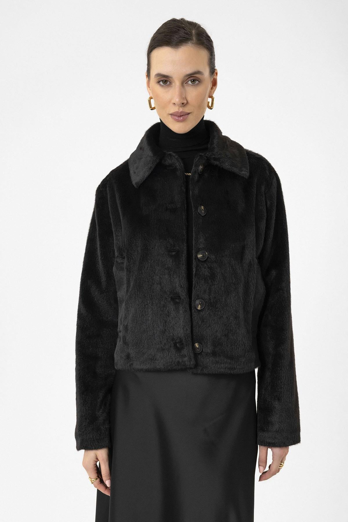 Antioch-Siyah Kadın Suni Kürk Crop Mont-Mont-4-Milagron.com