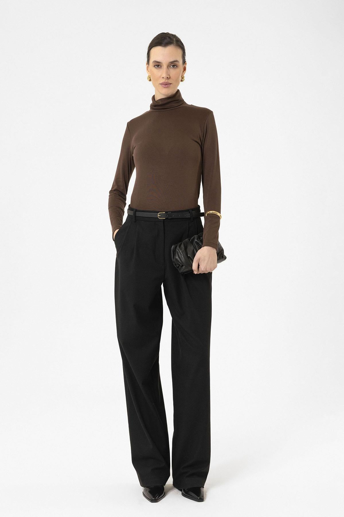 Antioch-Siyah Kadın Yüksek Bel Pens Detaylı Straight Fit Pantolon-Kumaş Pantolon-2-Milagron.com