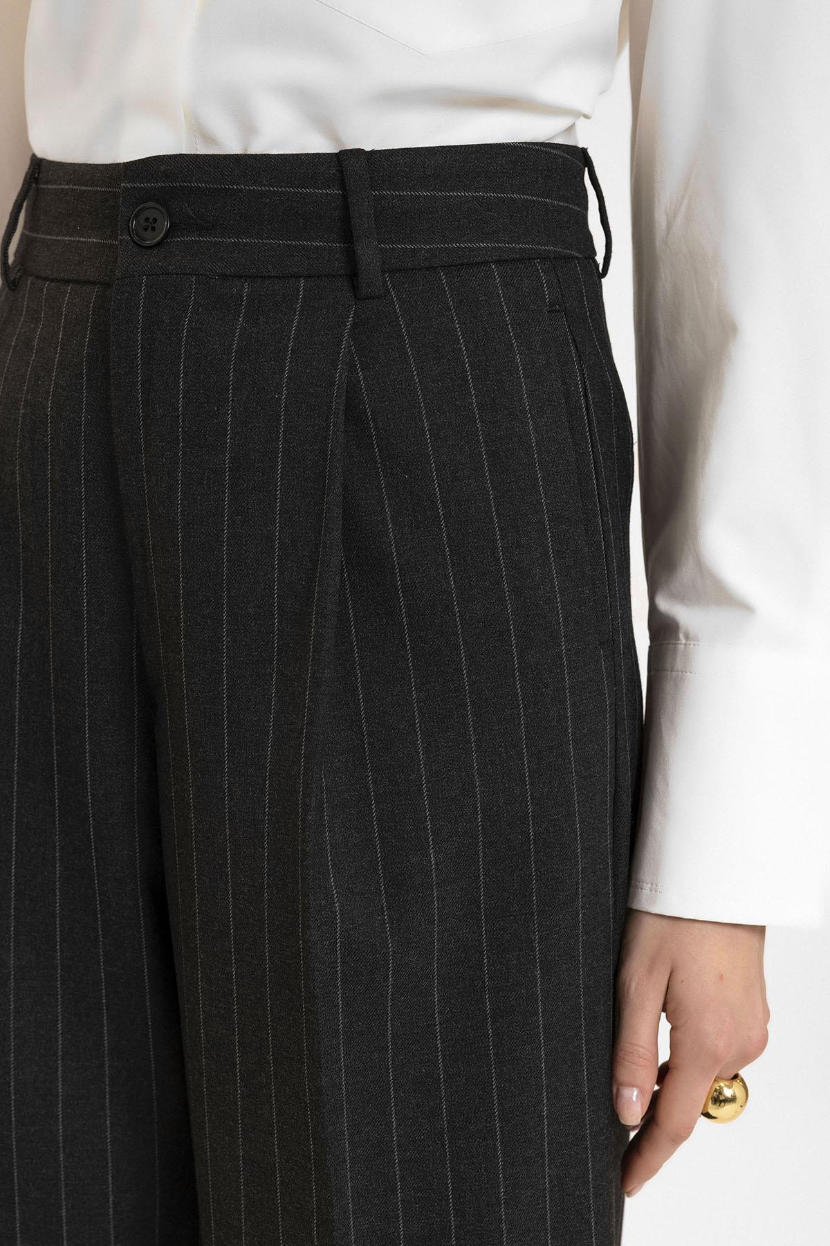 Antioch-Siyah Kadın Yüksek Bel Pileli Çizgili Pantolon-Kumaş Pantolon-6-Milagron.com