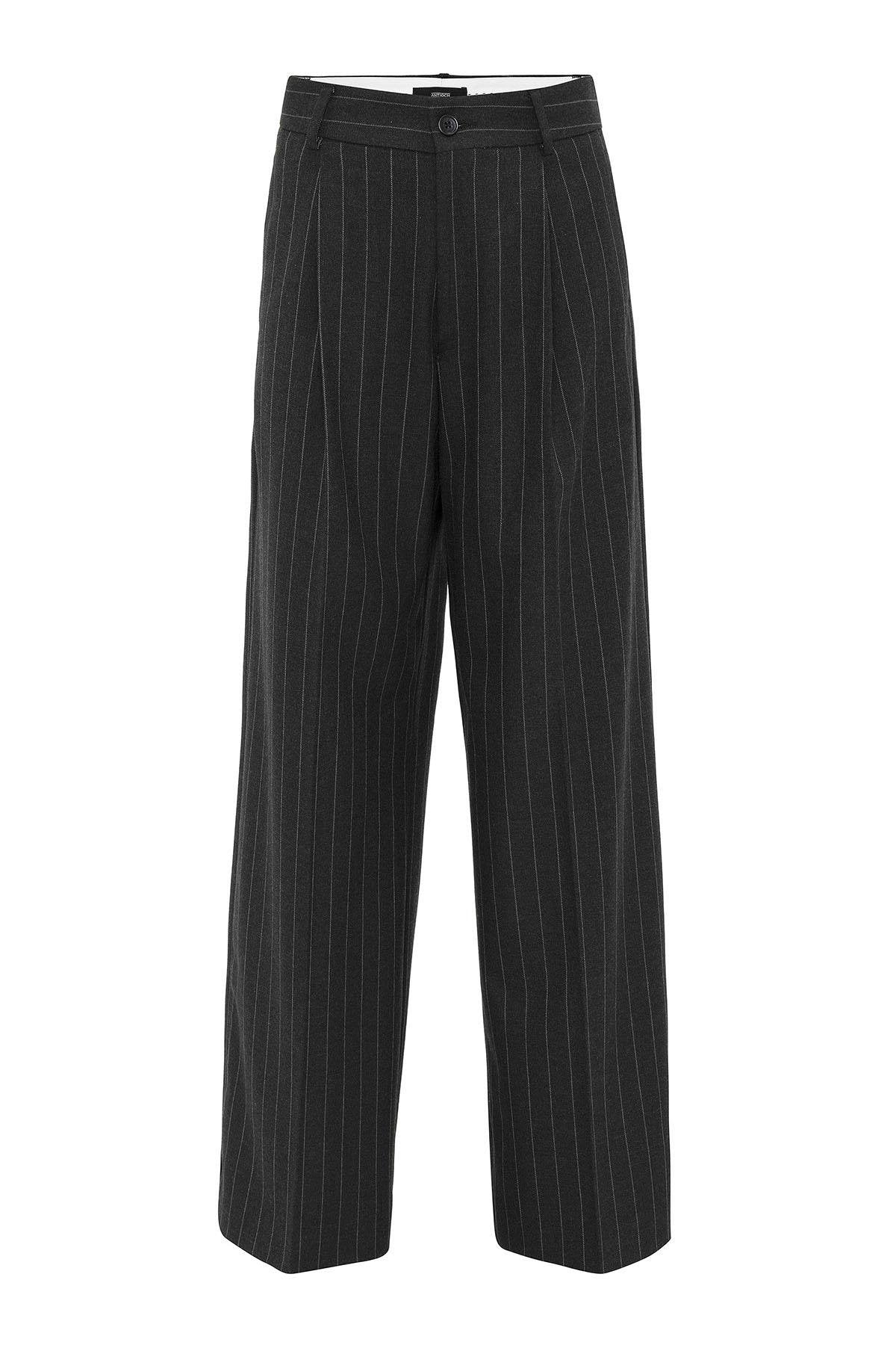 Antioch-Siyah Kadın Yüksek Bel Pileli Çizgili Pantolon-Kumaş Pantolon-7-Milagron.com