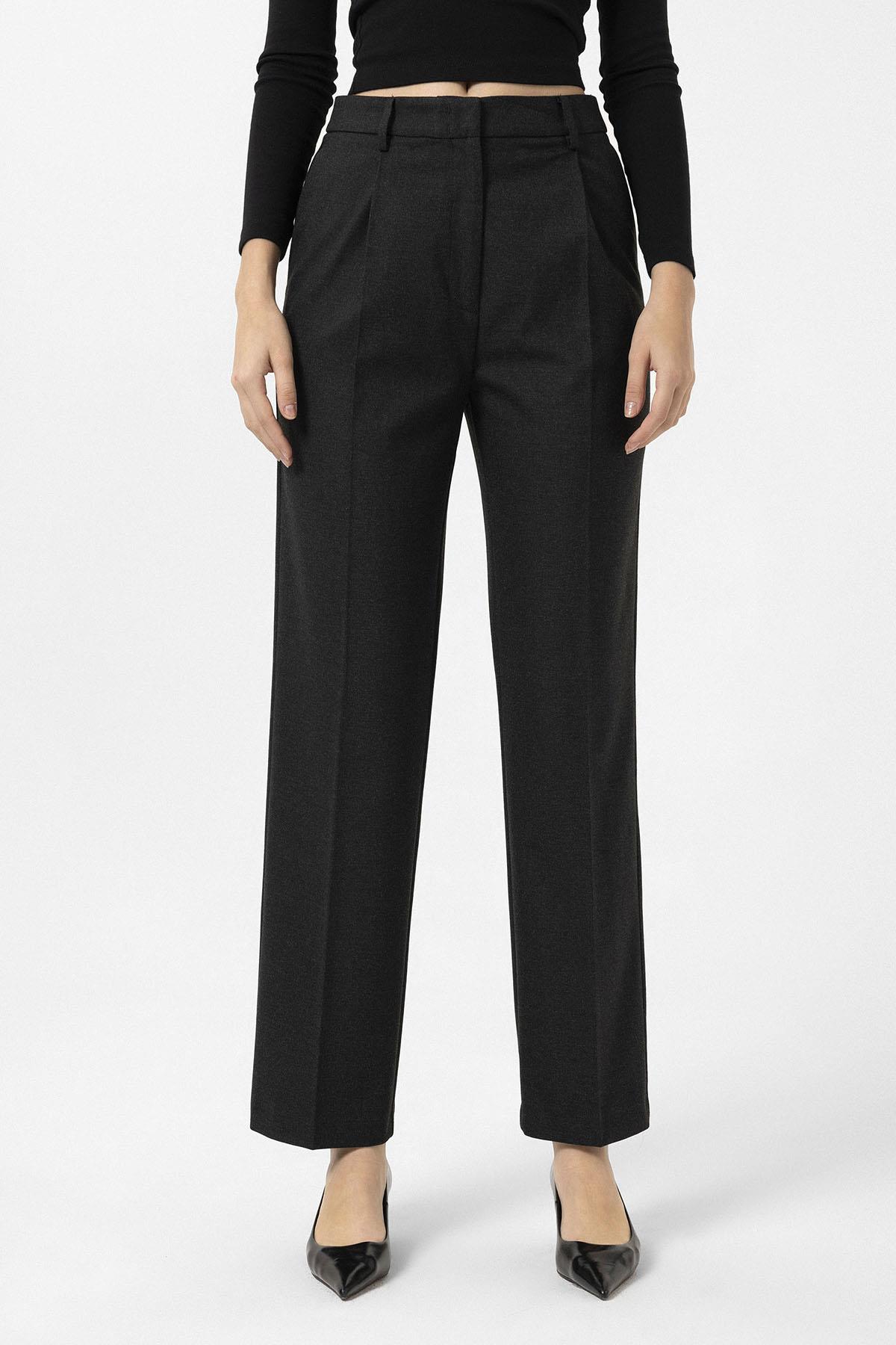 Antioch-Siyah Kadın Yüksek Bel Pileli Pantolon-Kumaş Pantolon-1-Milagron.com