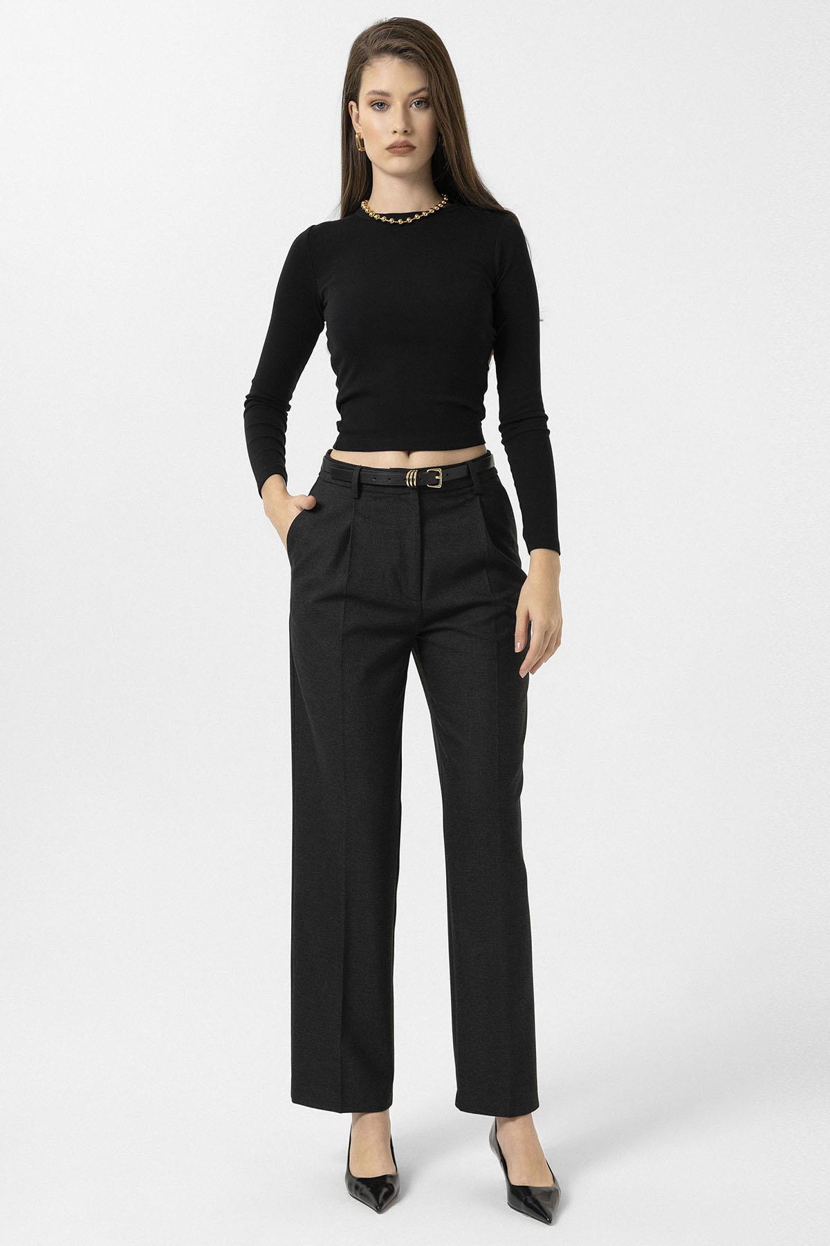 Antioch-Siyah Kadın Yüksek Bel Pileli Pantolon-Kumaş Pantolon-2-Milagron.com