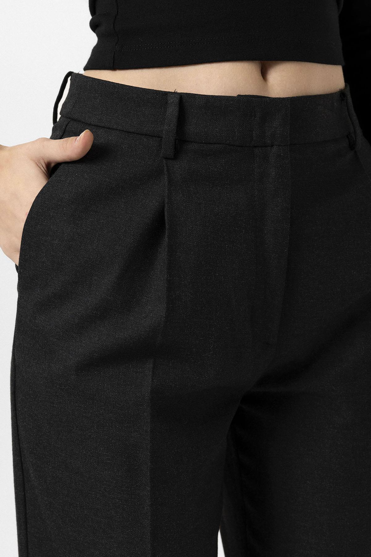 Antioch-Siyah Kadın Yüksek Bel Pileli Pantolon-Kumaş Pantolon-5-Milagron.com