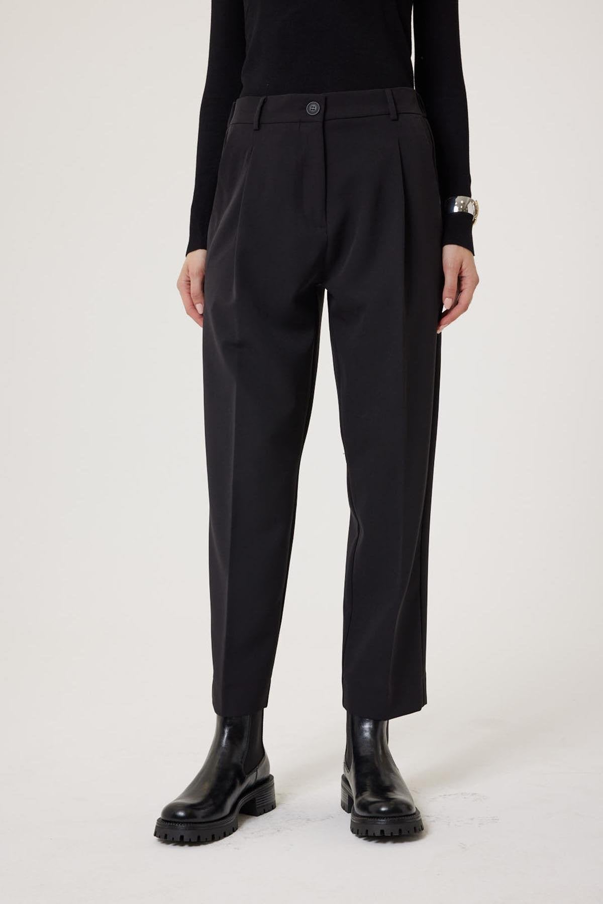 Antioch-Siyah Kadın Yüksek Bel Straight Fit Kısa Pantolon-Kumaş Pantolon-2-Milagron.com