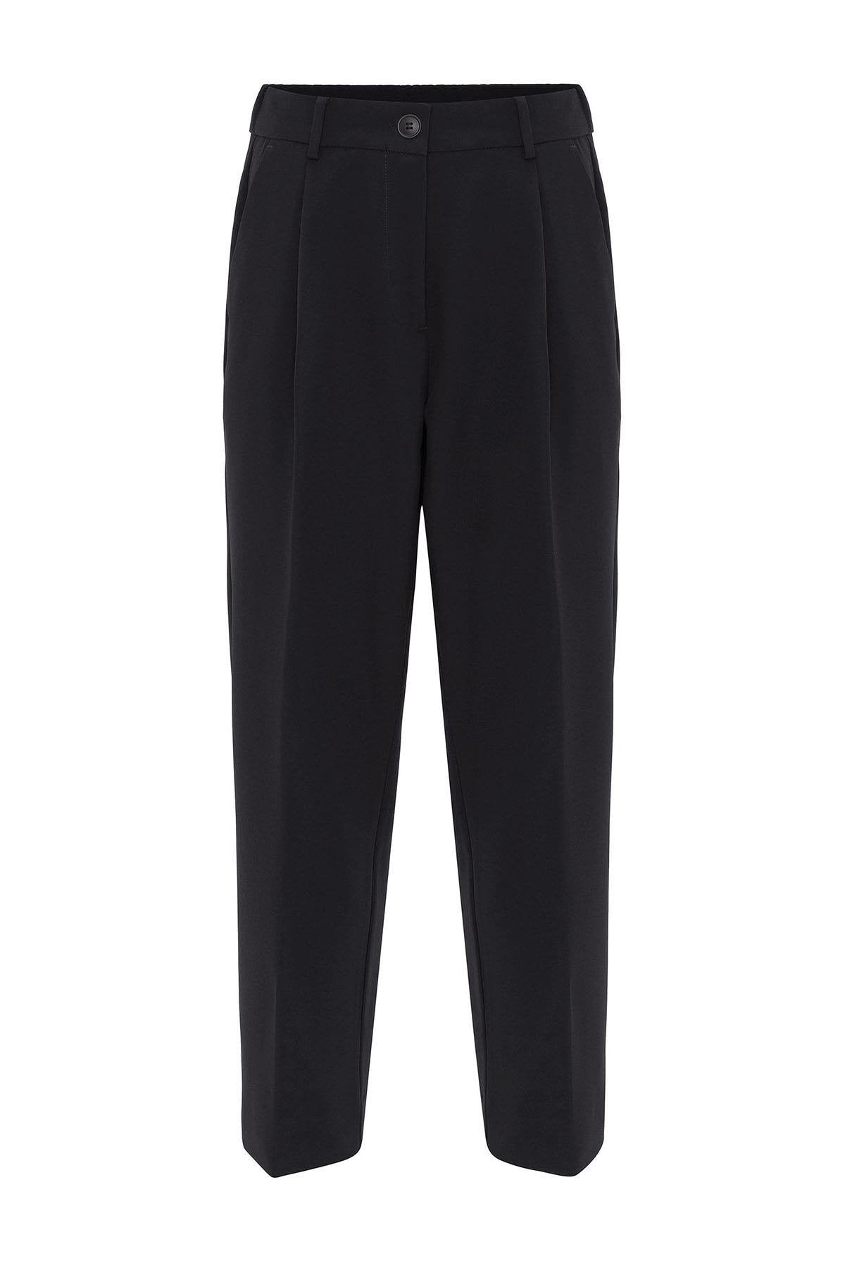 Antioch-Siyah Kadın Yüksek Bel Straight Fit Kısa Pantolon-Kumaş Pantolon-7-Milagron.com