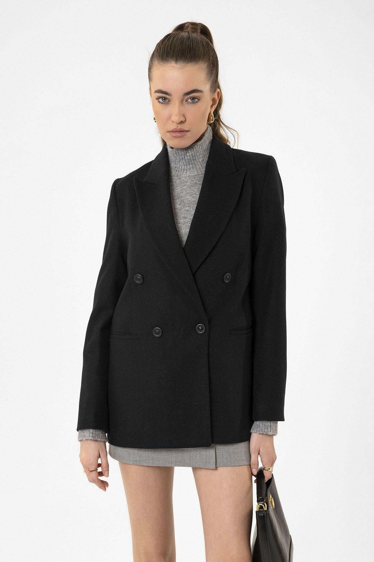 Antioch-Siyah Kadın Yün Karışımlı Balıksırtı Desenli Blazer Ceket-Ceket-1-Milagron.com