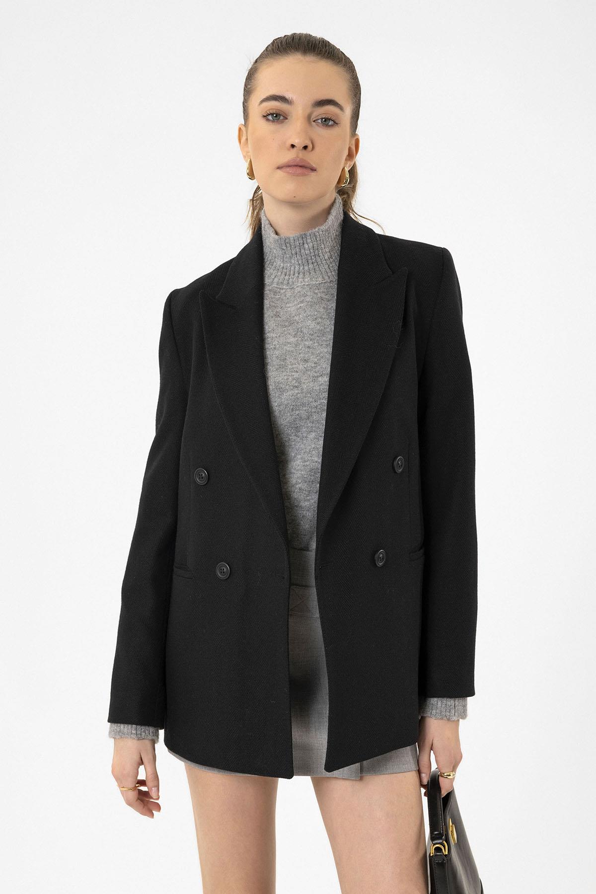 Antioch-Siyah Kadın Yün Karışımlı Balıksırtı Desenli Blazer Ceket-Ceket-2-Milagron.com