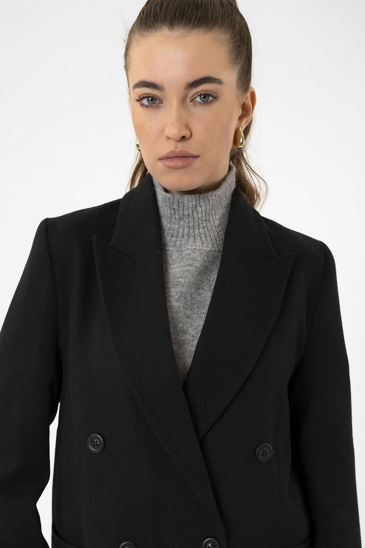 Antioch-Siyah Kadın Yün Karışımlı Balıksırtı Desenli Blazer Ceket-Ceket-5-Milagron.com