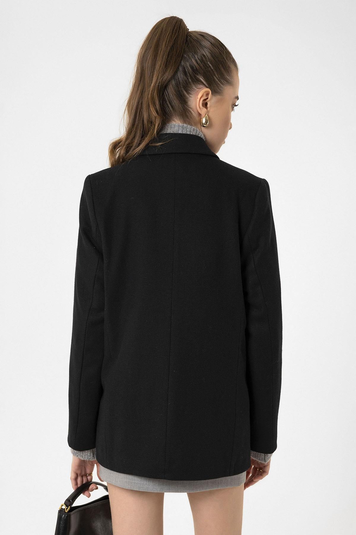 Antioch-Siyah Kadın Yün Karışımlı Balıksırtı Desenli Blazer Ceket-Ceket-6-Milagron.com