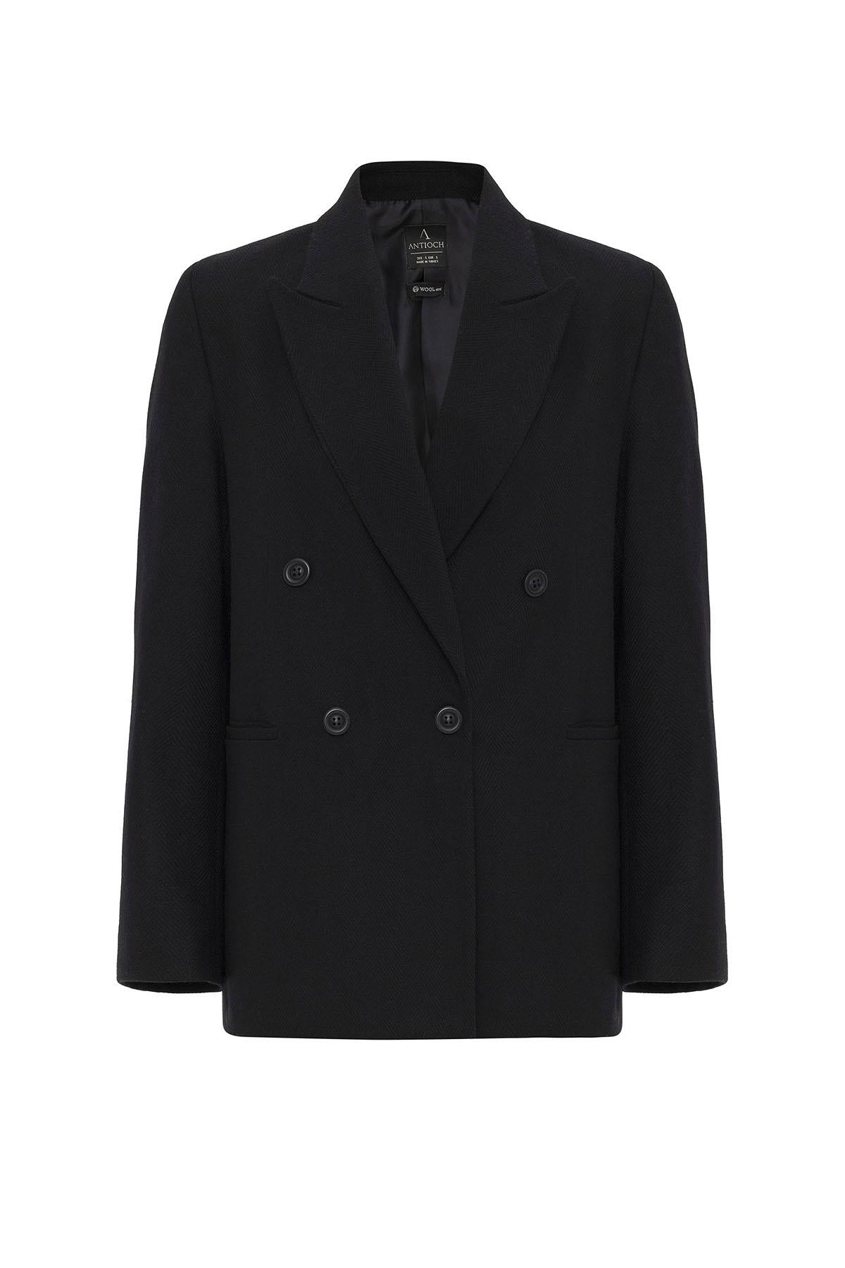 Antioch-Siyah Kadın Yün Karışımlı Balıksırtı Desenli Blazer Ceket-Ceket-7-Milagron.com